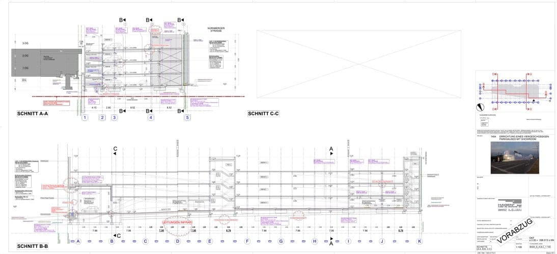Drawing sheet with sections A-A and B-B through the parking decks, the field for section C-C is blank