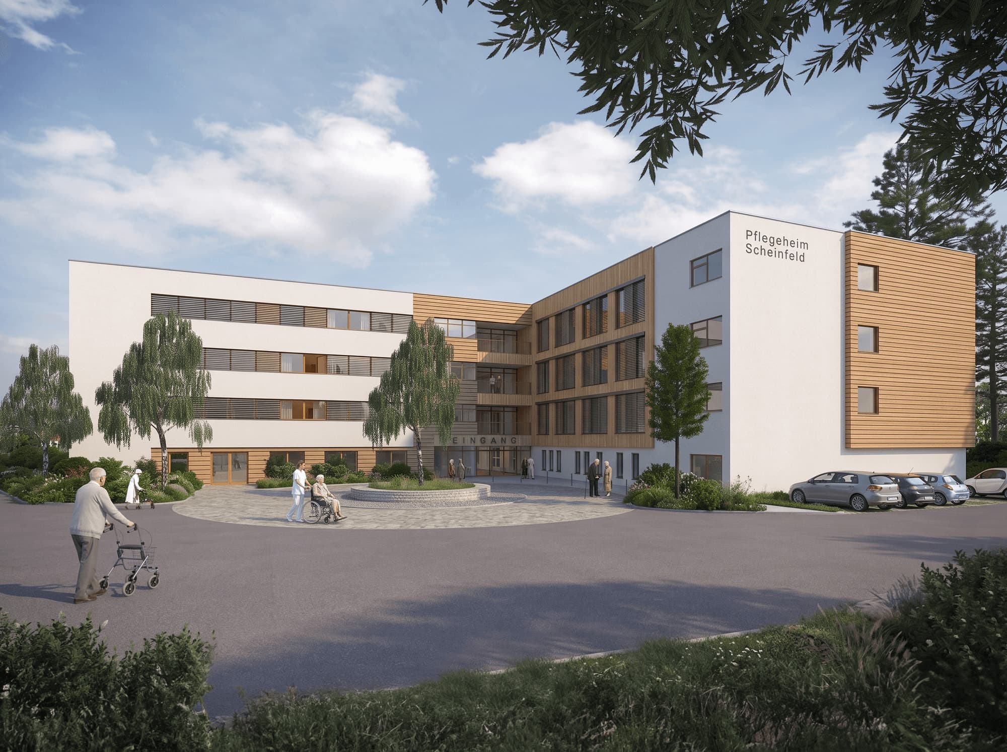 Scheinfeld care home, visualisation of the main entrance with a circular forecourt and a rendered and timber façade