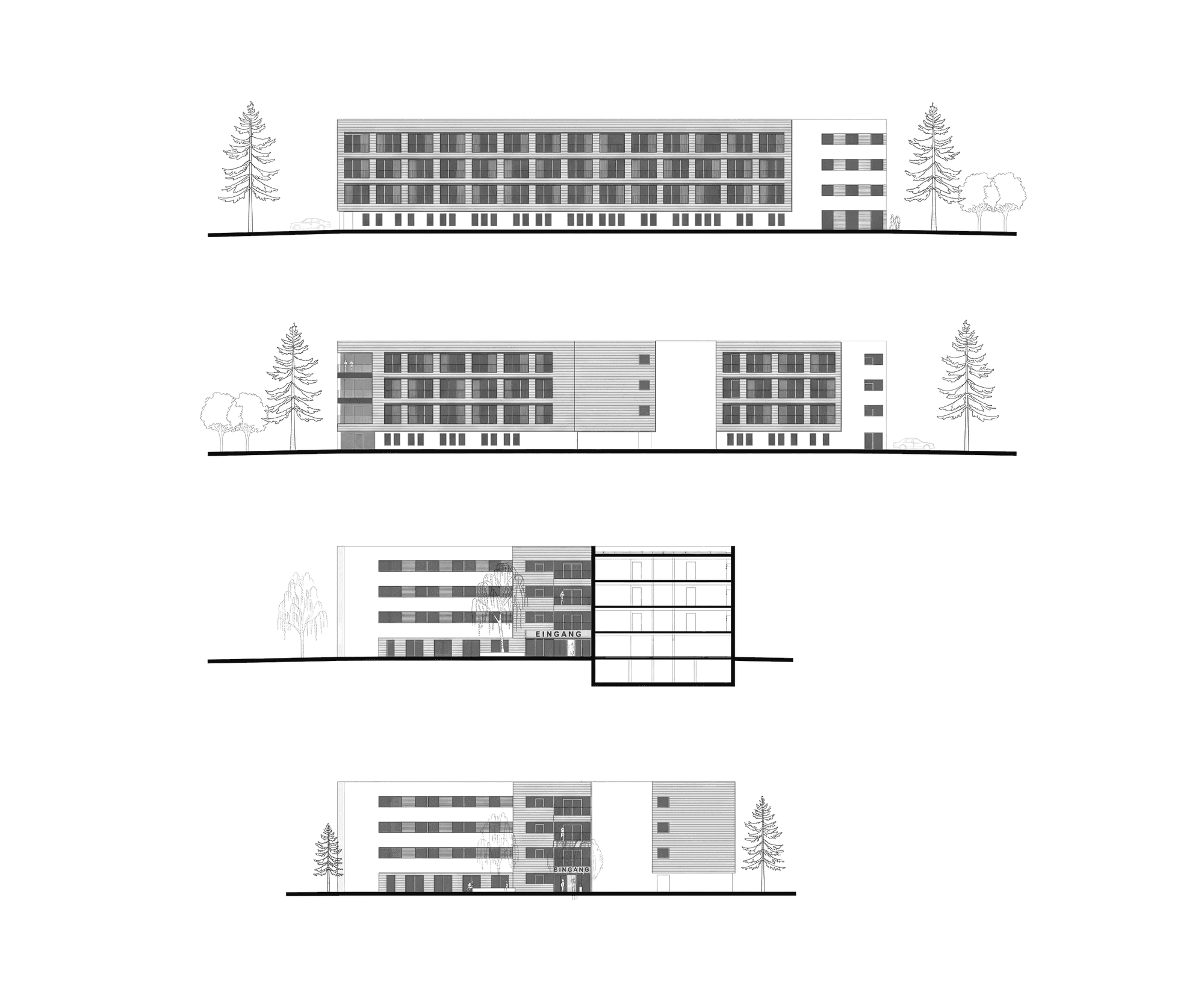 Elevation drawings of the façades with alternating rendered and timber areas, one with a partial section
