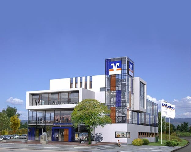 Visualisation of the bank building in Hessdorf with its glazed tower, flags and forecourt