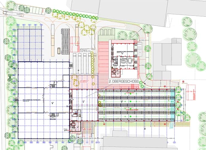Second-floor plan showing the conference and exhibition area set within the site plan