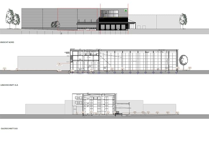 North elevation with longitudinal and cross sections of the high-bay warehouse and its link to the existing buildings