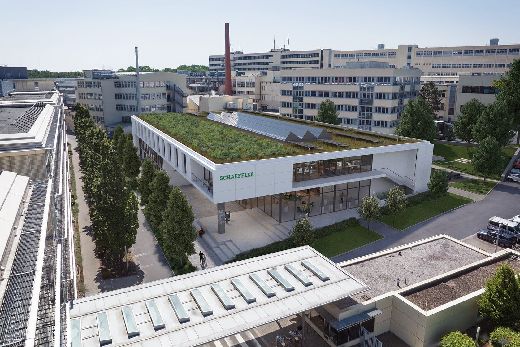 Aerial visualisation of the training centre with green roof, photovoltaics and north-facing sawtooth rooflights