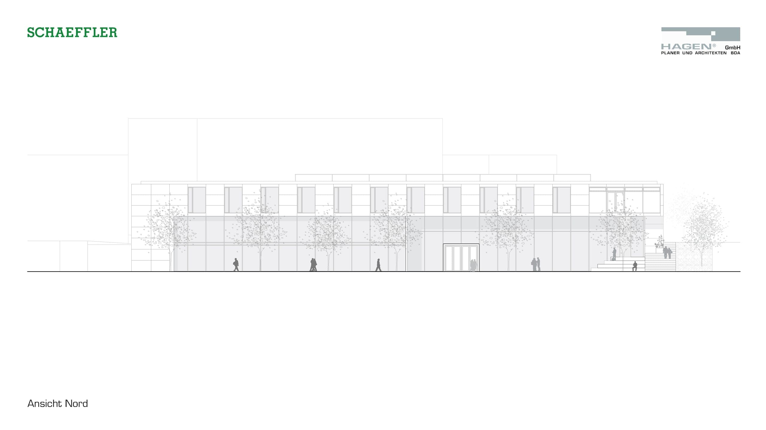 North elevation drawing of the training centre with the upper-floor row of windows and trees in front