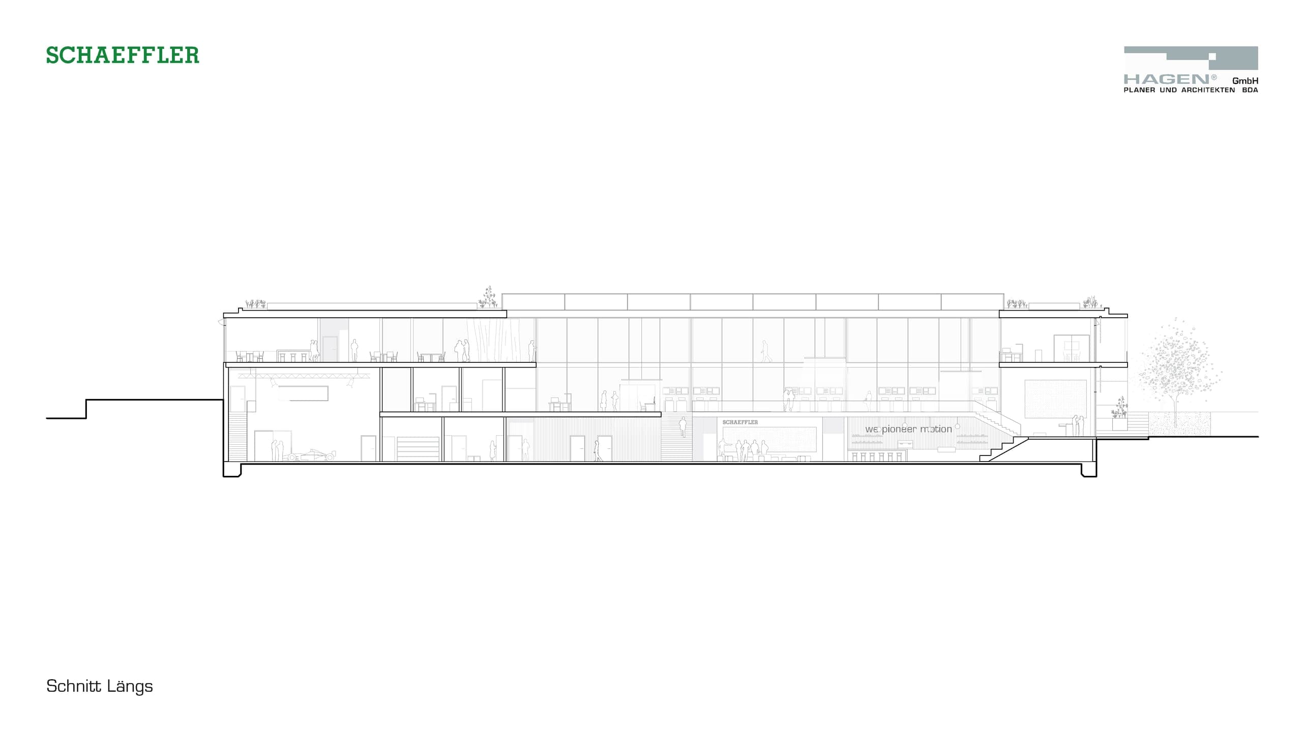 Longitudinal section through the building with the open foyer, seating steps to the exhibition and green roof