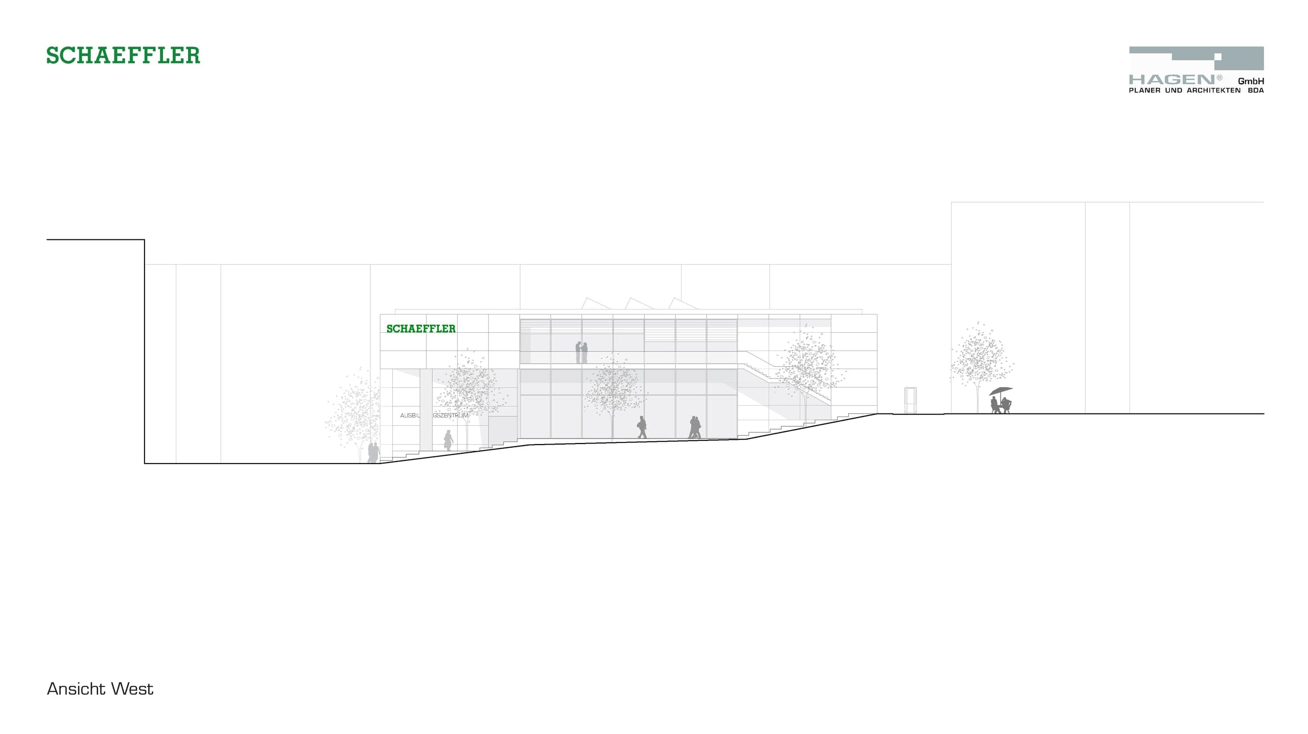 West elevation drawing with the Schaeffler lettering, the glazed stair space and the rising ground