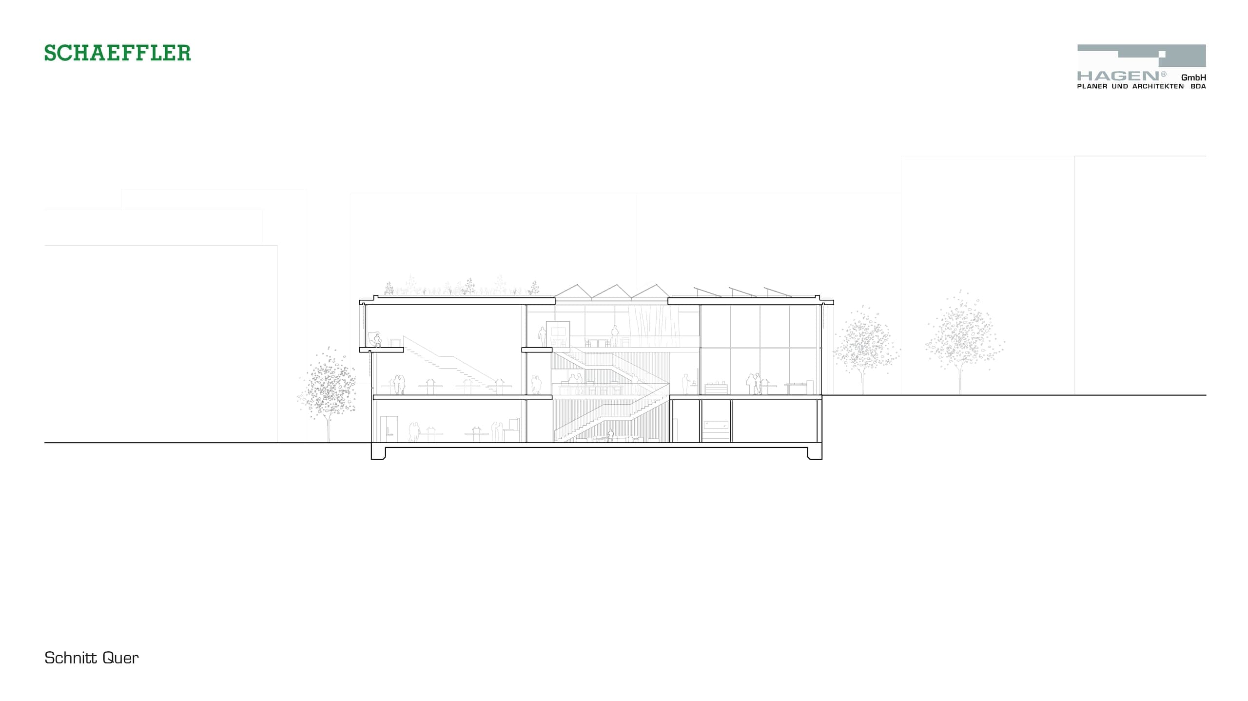 Cross-section through the training centre with the stair hall, gallery levels and sawtooth roof