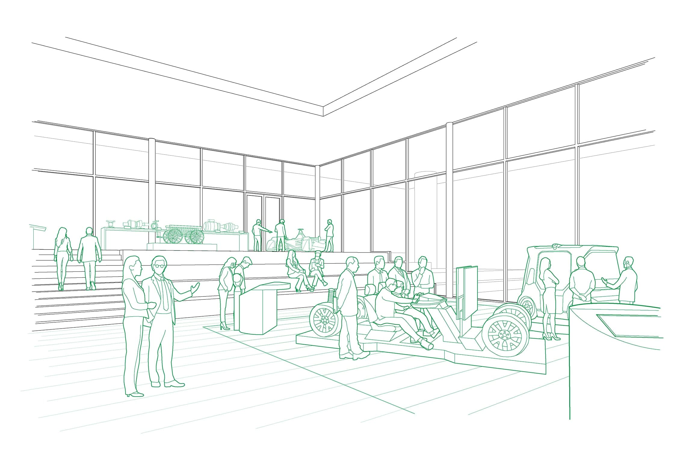 Line drawing of the foyer with vehicle exhibits, groups of visitors and seating steps in front of the glazing