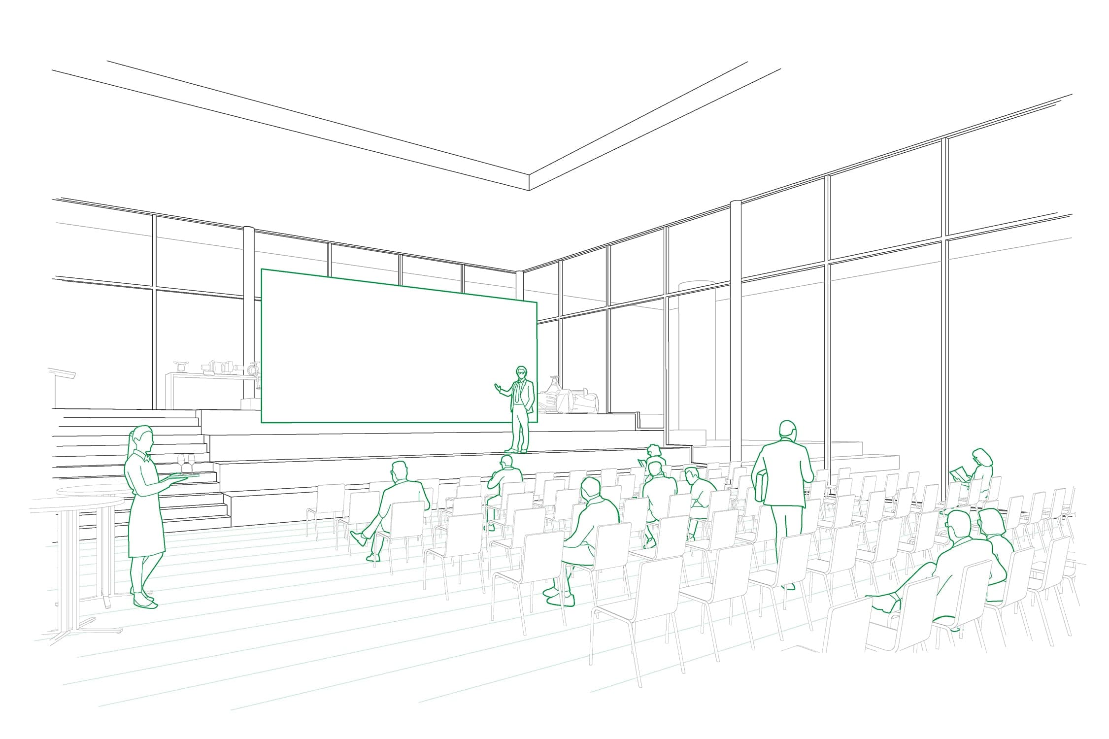 Line drawing of the Vision Dock during a talk, with a large screen and rows of chairs