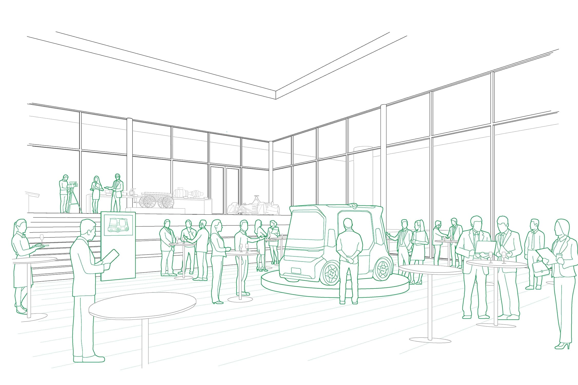 Line drawing of a reception in the foyer with standing tables and a vehicle on a platform
