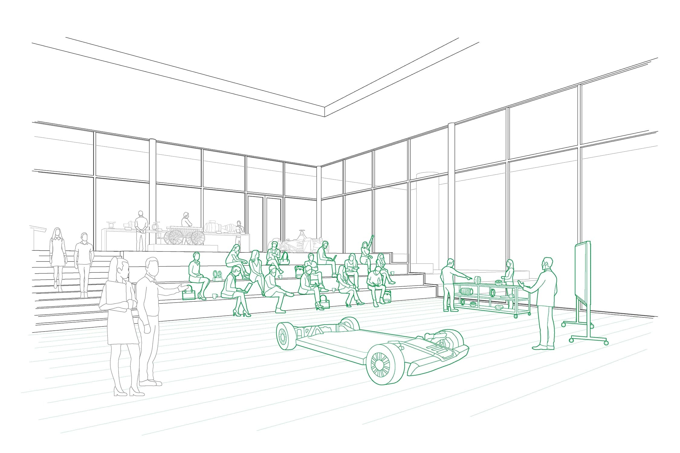 Line drawing of a training session on the seating steps with a vehicle chassis, parts trolley and display board