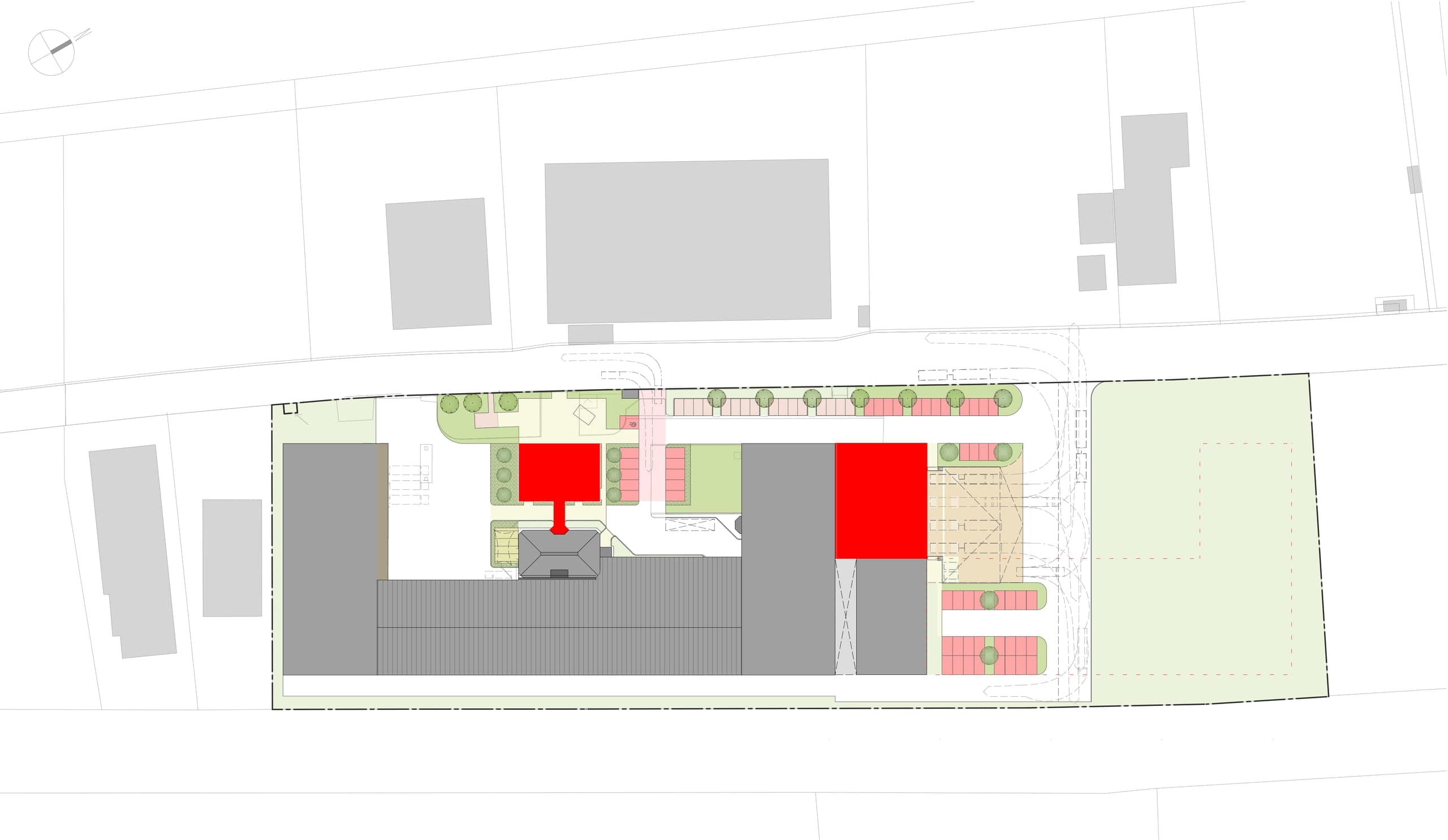 Lageplan des Betriebsgeländes in Baiersdorf mit rot markierten Neubauten zwischen den Bestandshallen