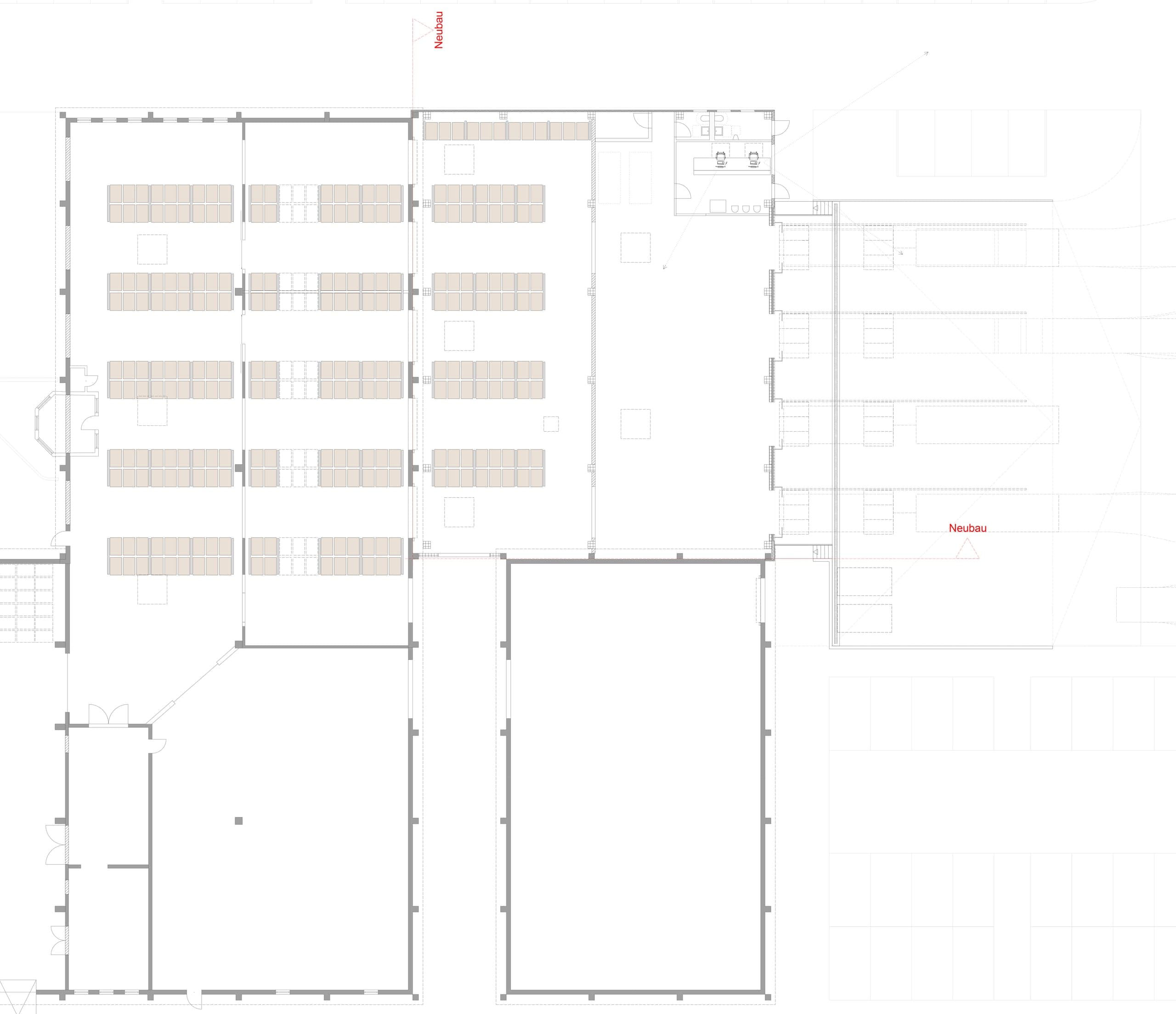 Grundriss der neuen Kommissionierhalle mit Regalreihen, Sanitärräumen und Anschluss an die Bestandshallen