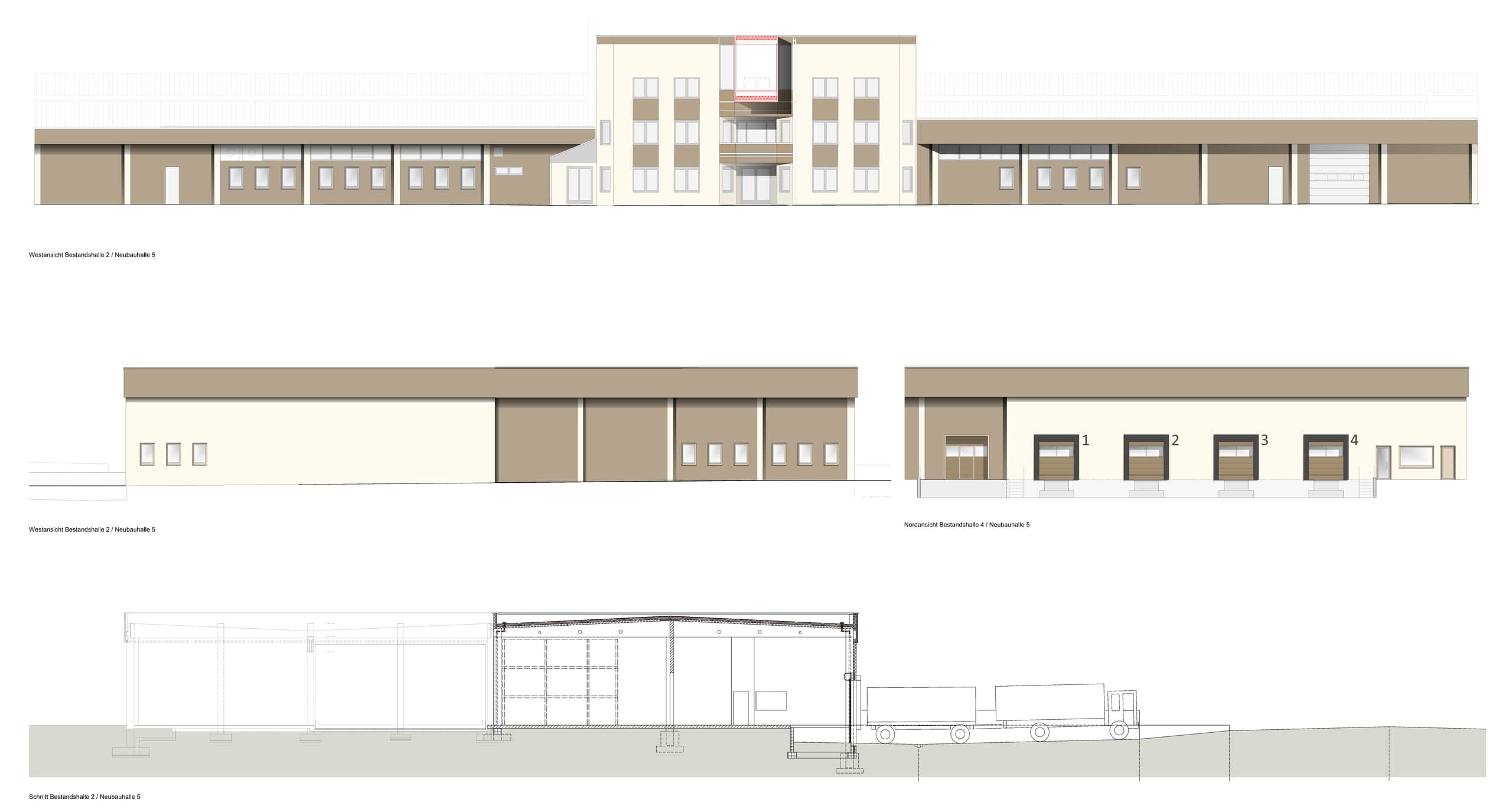 Ansichtszeichnungen und Schnitt der Bestands- und Neubauhallen mit dreigeschossigem Bau in der Mitte und Ladetoren
