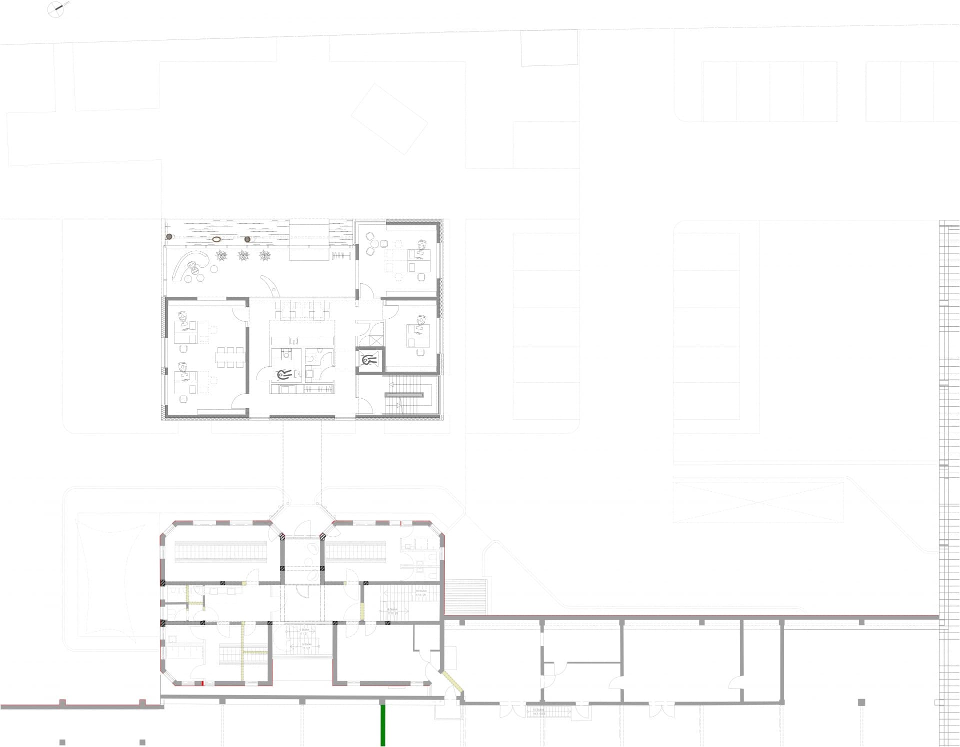 Grundriss des Verwaltungsneubaus mit Büros und Besprechungsbereich über dem Grundriss des Altbaus
