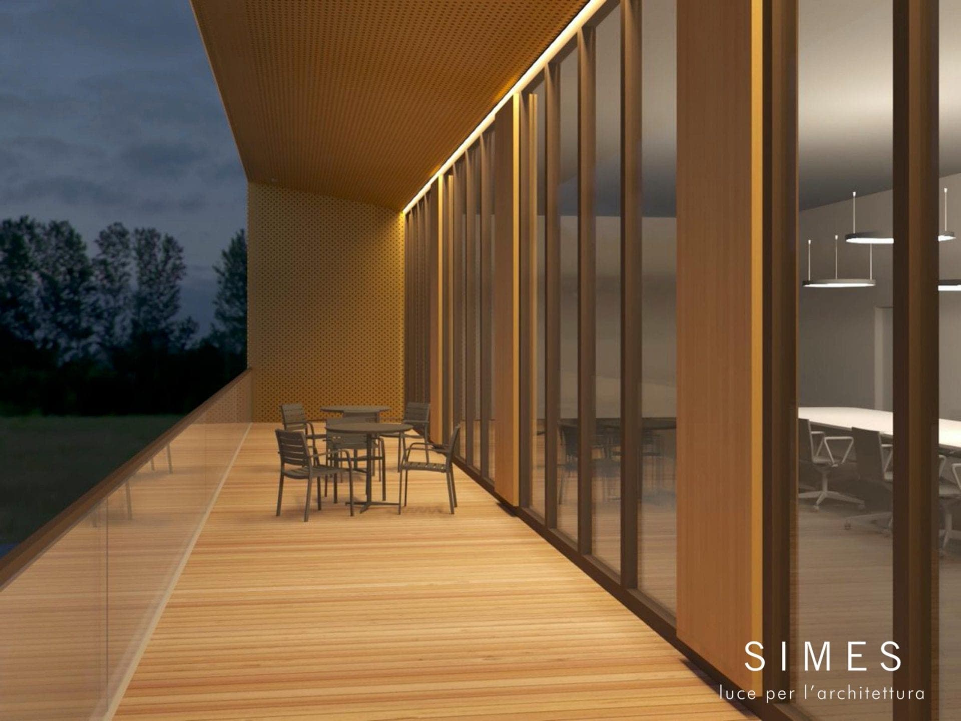Dachterrasse mit Holzdielen, Glasbrüstung und Sitzgruppe vor der Glasfassade des Konferenzraums, Visualisierung