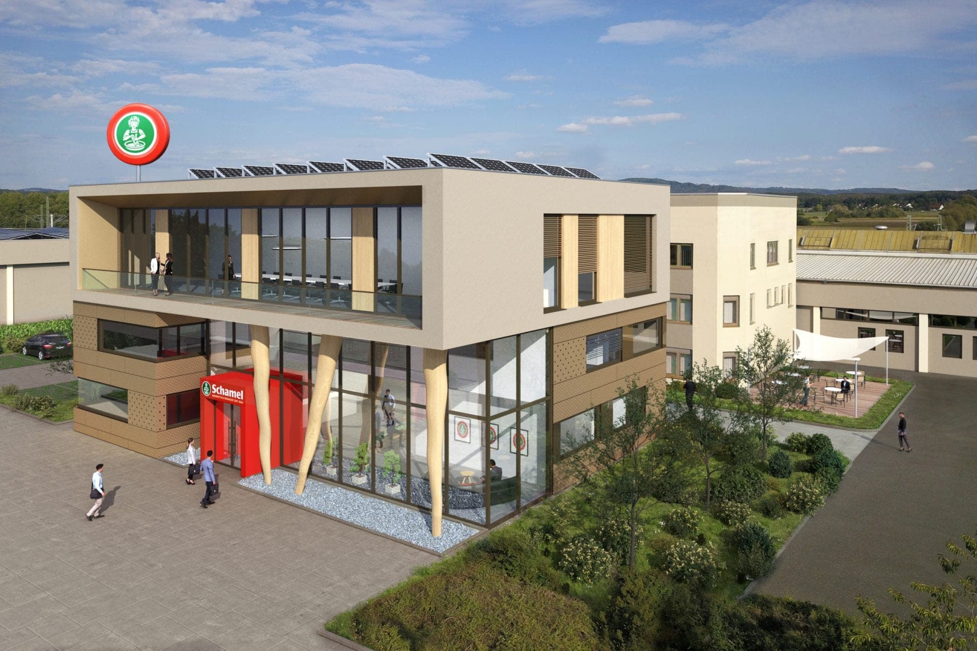 Verwaltungsgebäude Schamel Meerrettich in Baiersdorf, Visualisierung des Eingangs mit Holzstützen und Dachterrasse