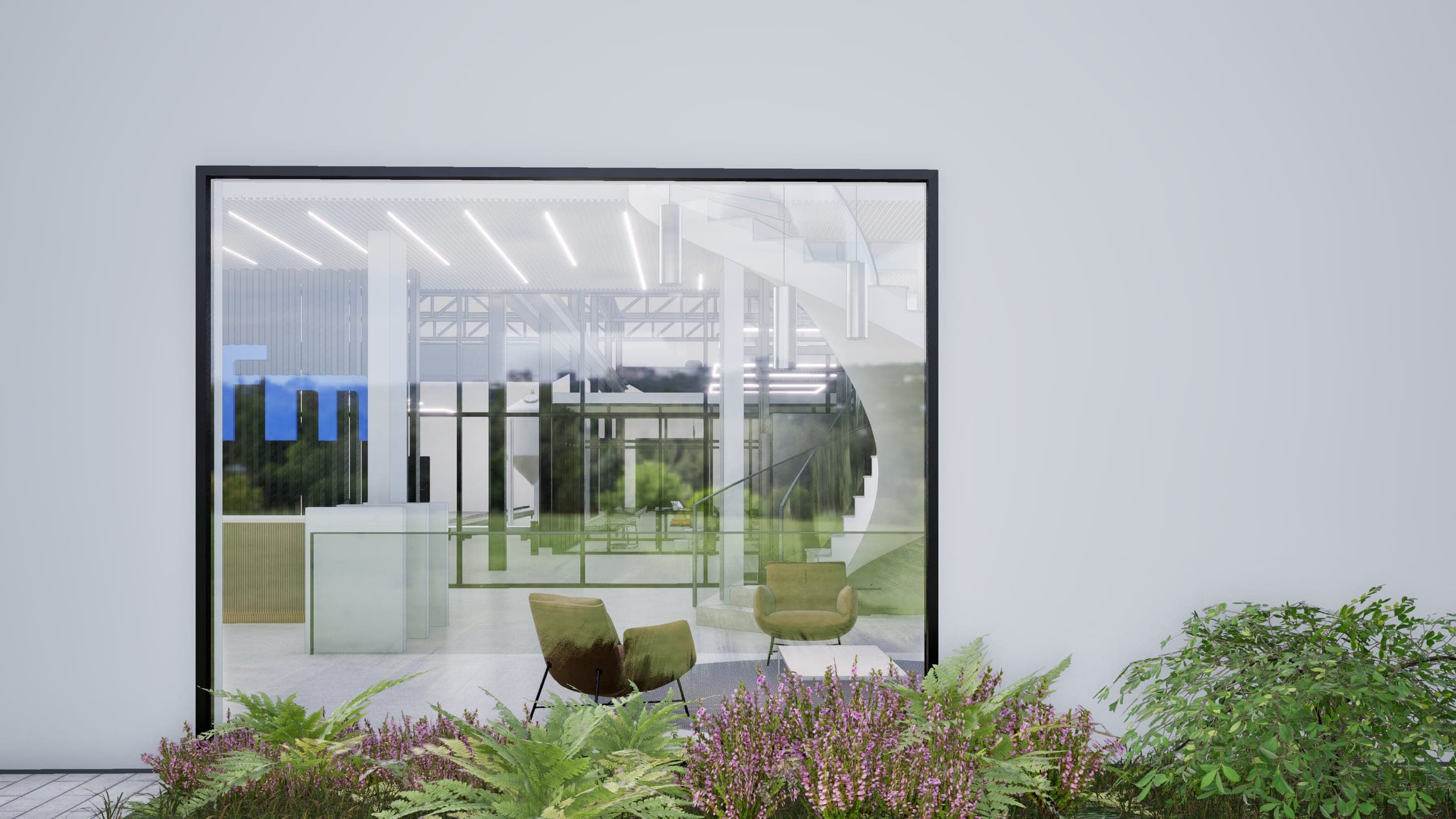 Visualisation looking through a large window into the lounge with spiral stair, planting bed in front