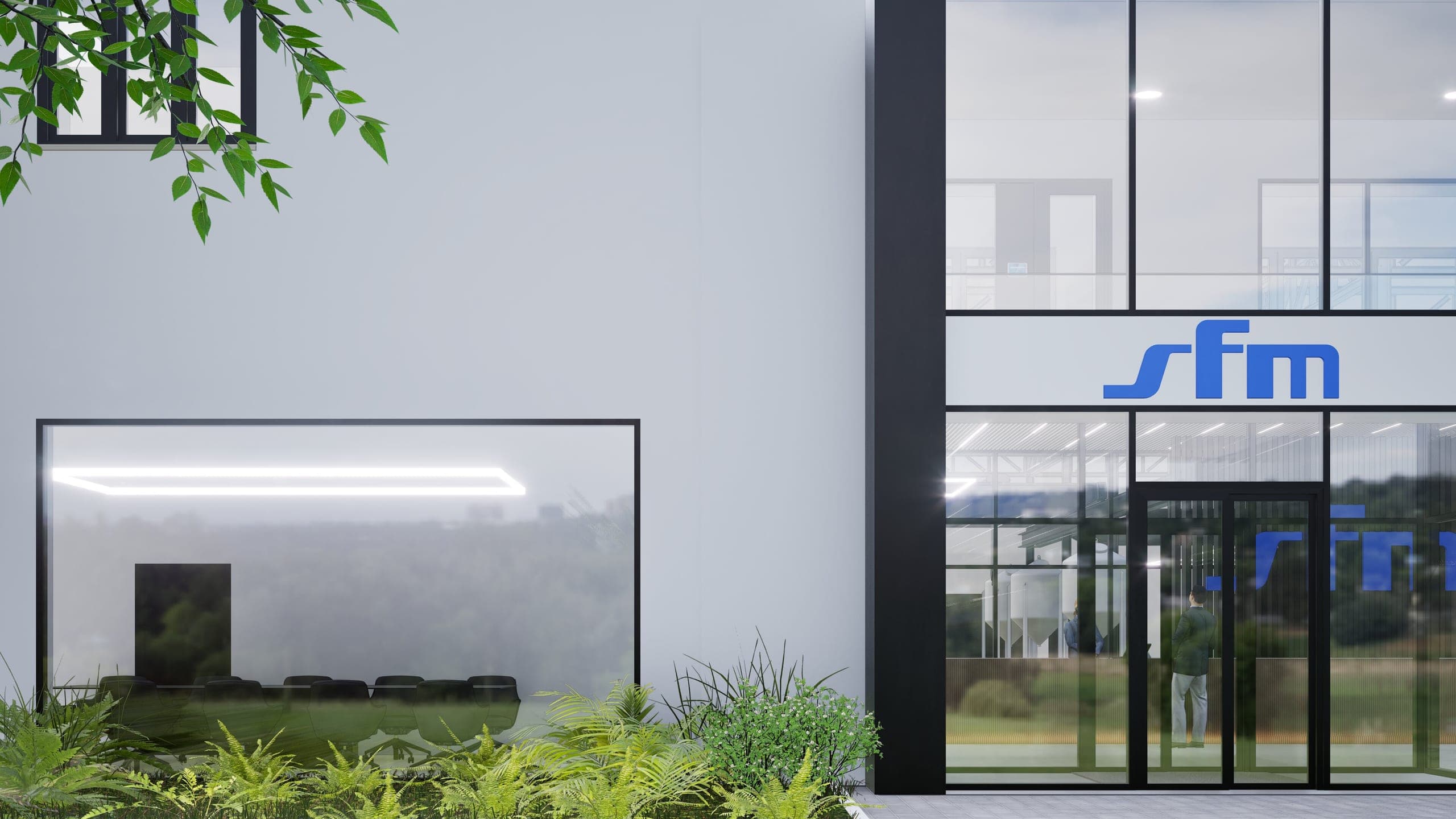 Visualisation of the pale façade with the sfm logo above the glazed entrance and a view into production