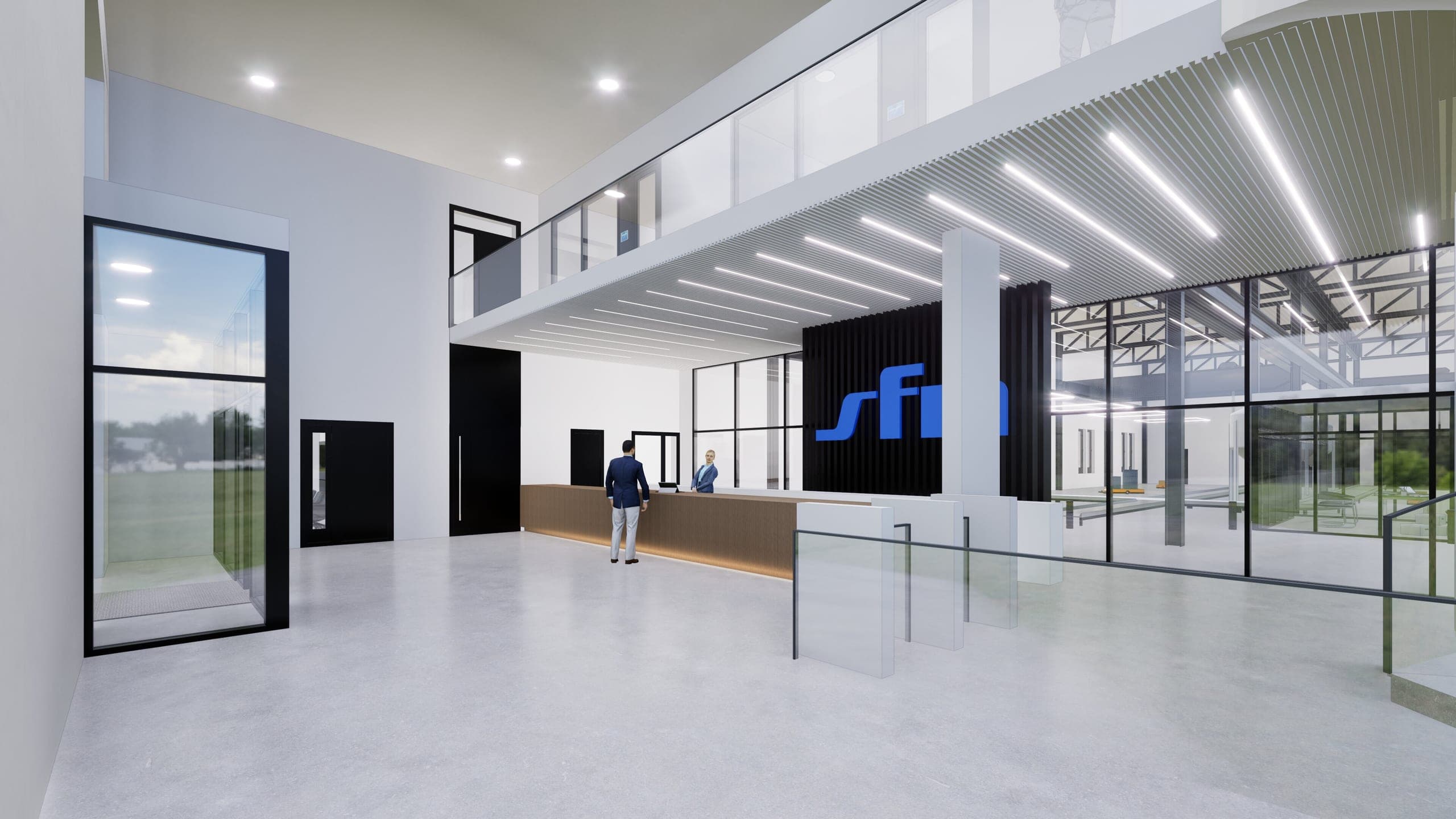 Visualisation of the two-storey lobby with reception desk, gallery and glass wall to production