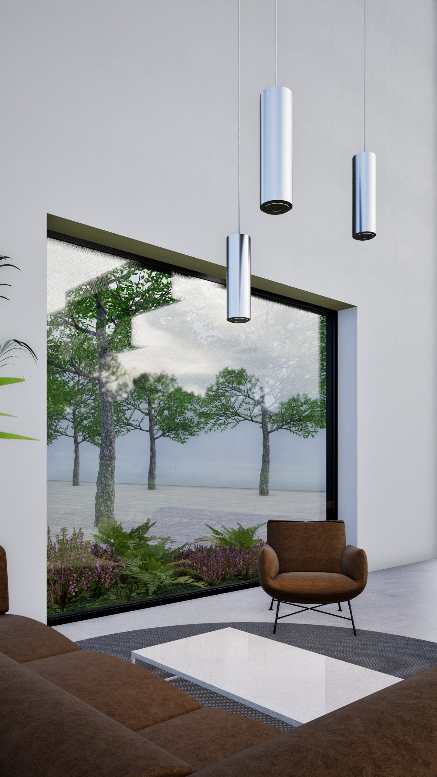 Visualisation of the seating area with pendant lights in front of a large window looking out onto trees