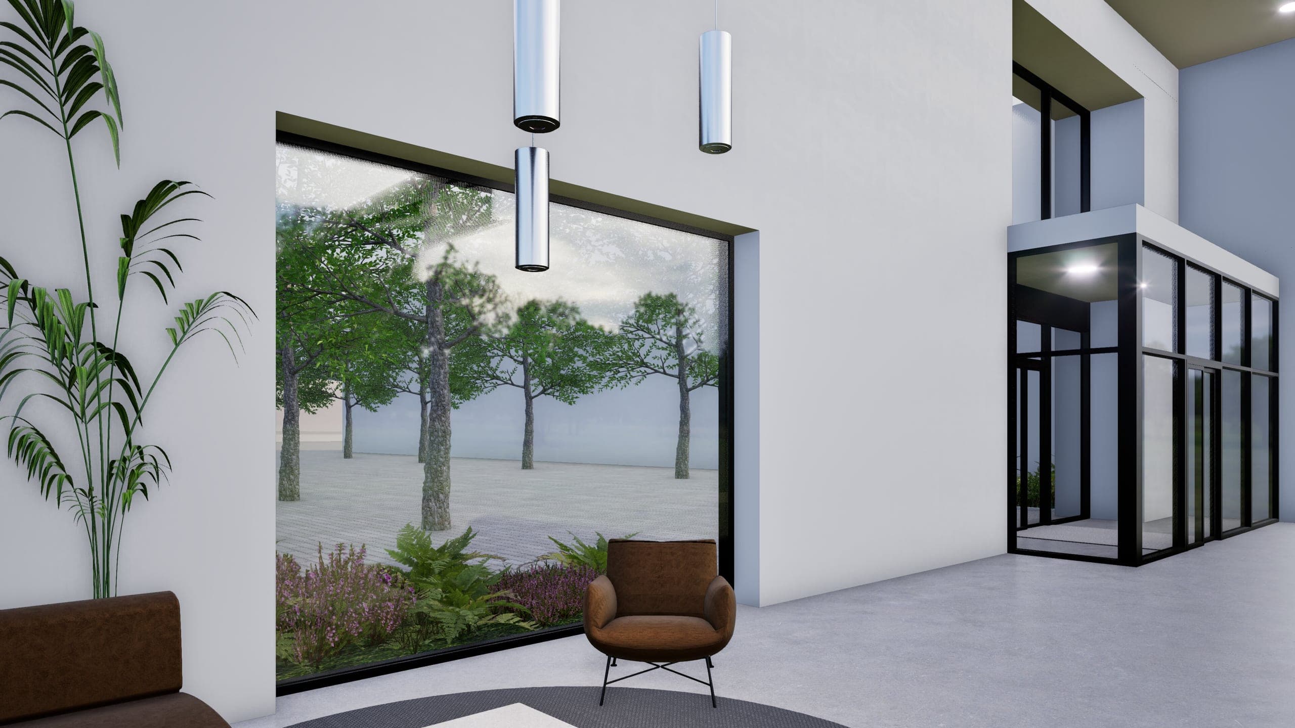 Visualisation of the lounge with a picture window to the courtyard and a view of the glazed entrance