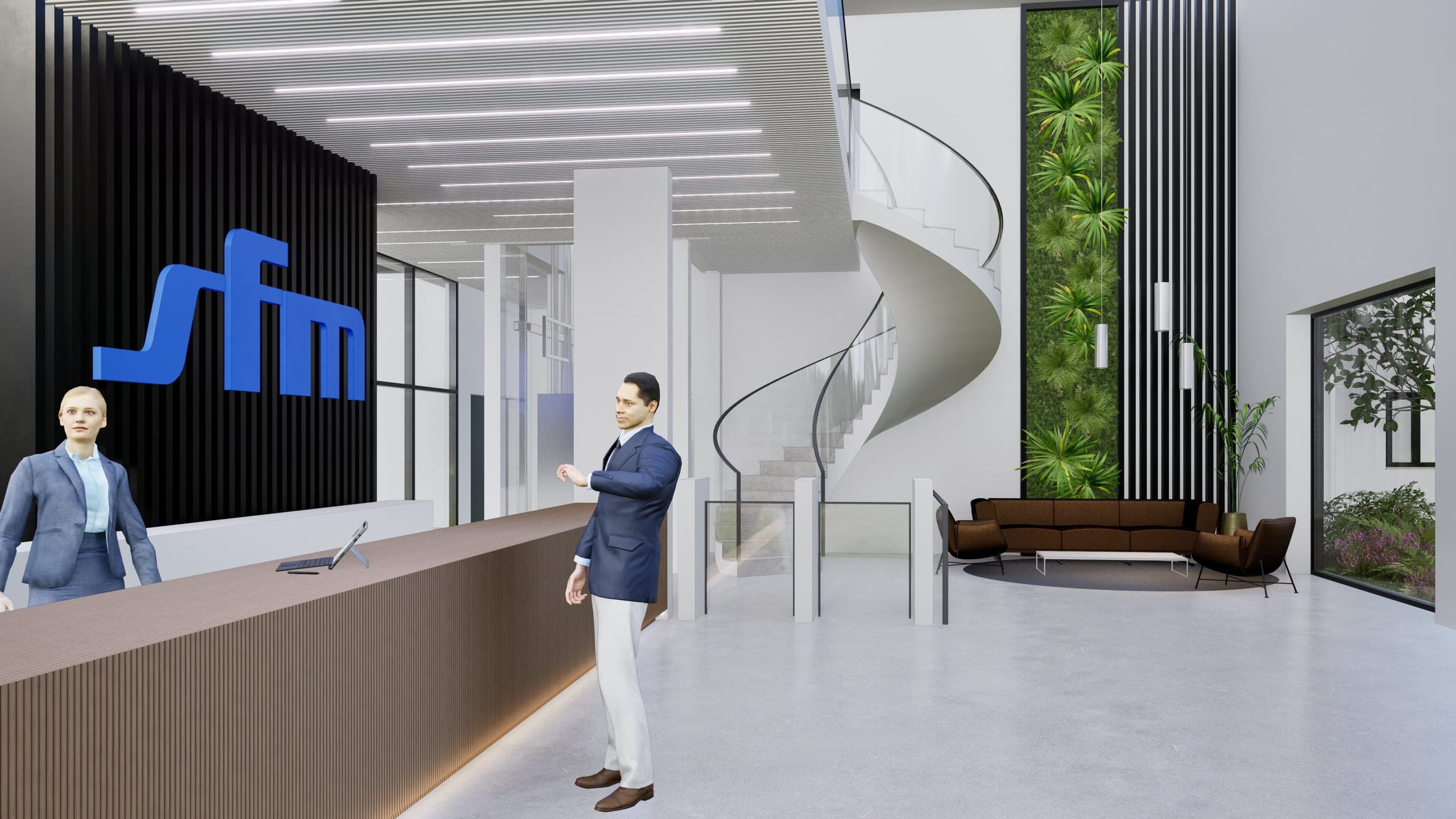 Visualisation of the lobby in Wächtersbach with reception, spiral staircase, green wall and seating