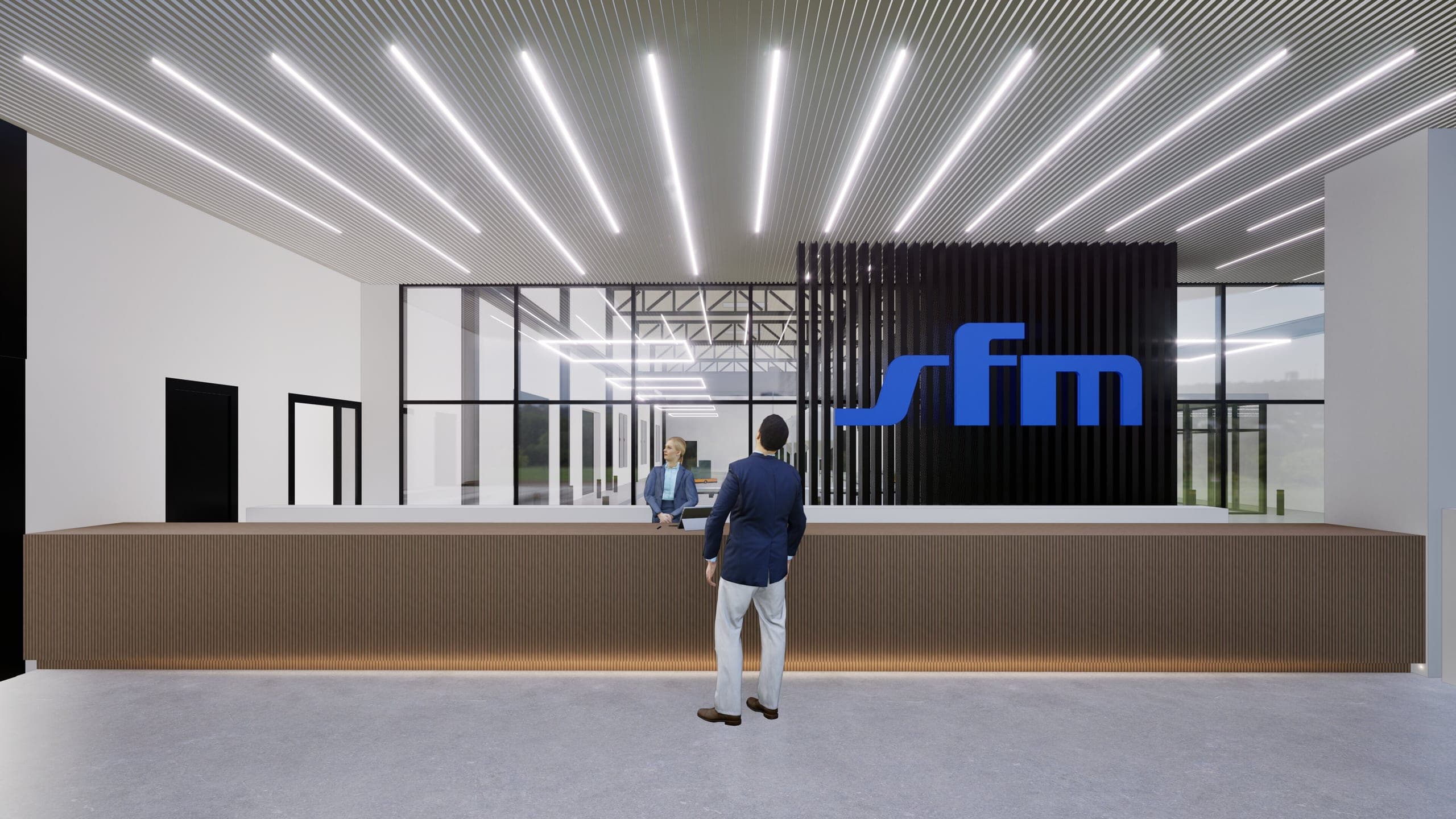 Visualisation of the timber-slatted reception desk in front of the dark logo wall and the glazed hall front