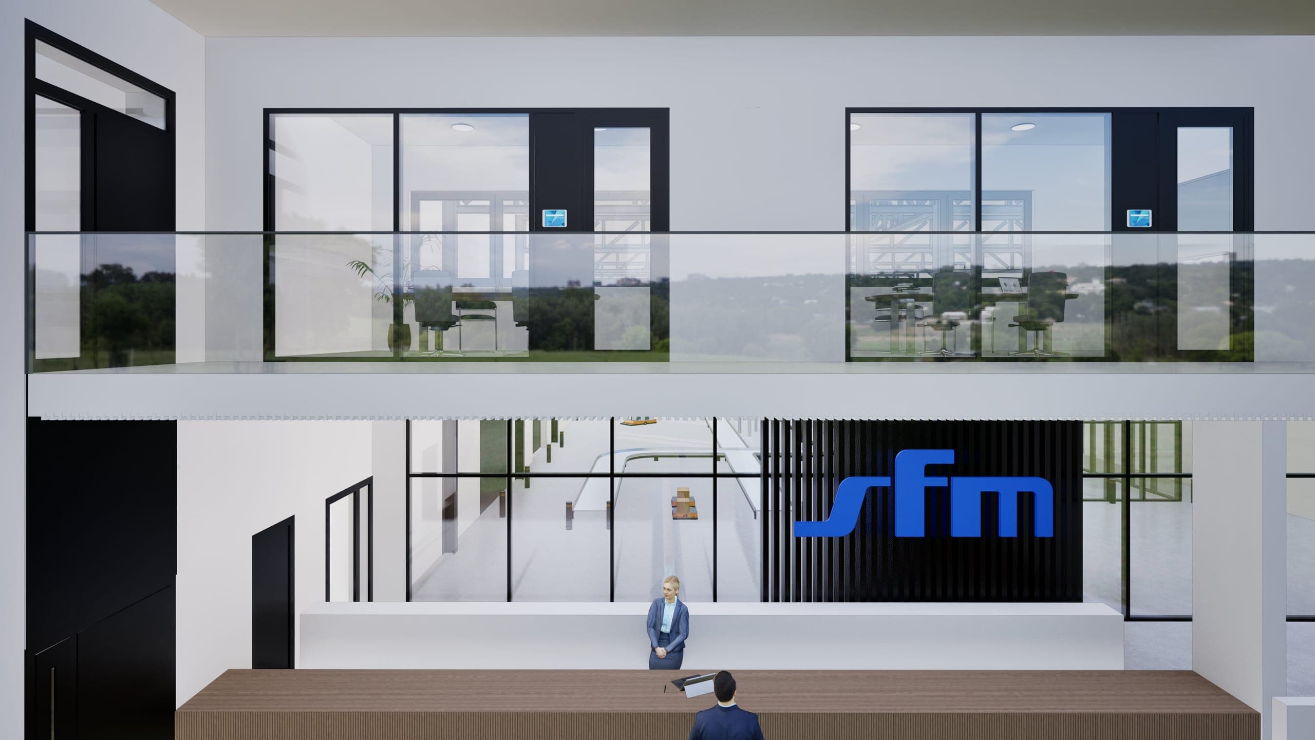 Visualisation of the gallery level with glazed conference rooms above the ground-floor reception