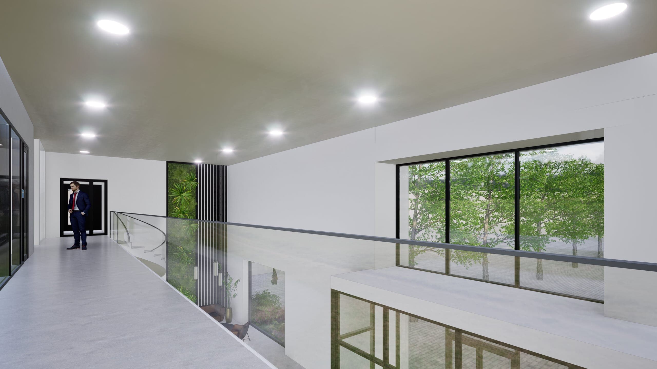 Visualisation of the upper-floor gallery walkway with glass balustrade, green wall and window to the courtyard