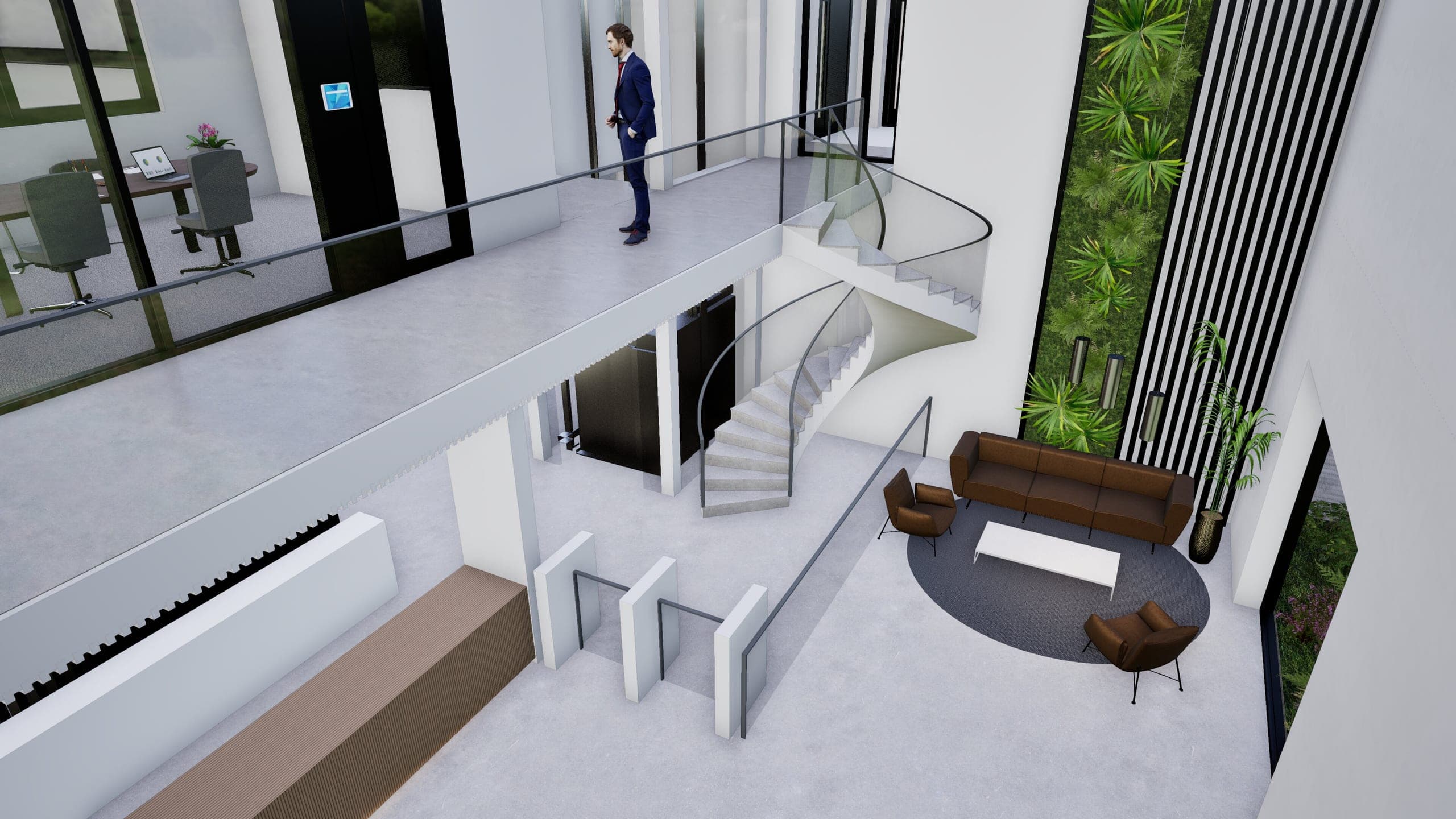 Visualisation looking down from the gallery onto the lobby, spiral staircase and seating of the office building