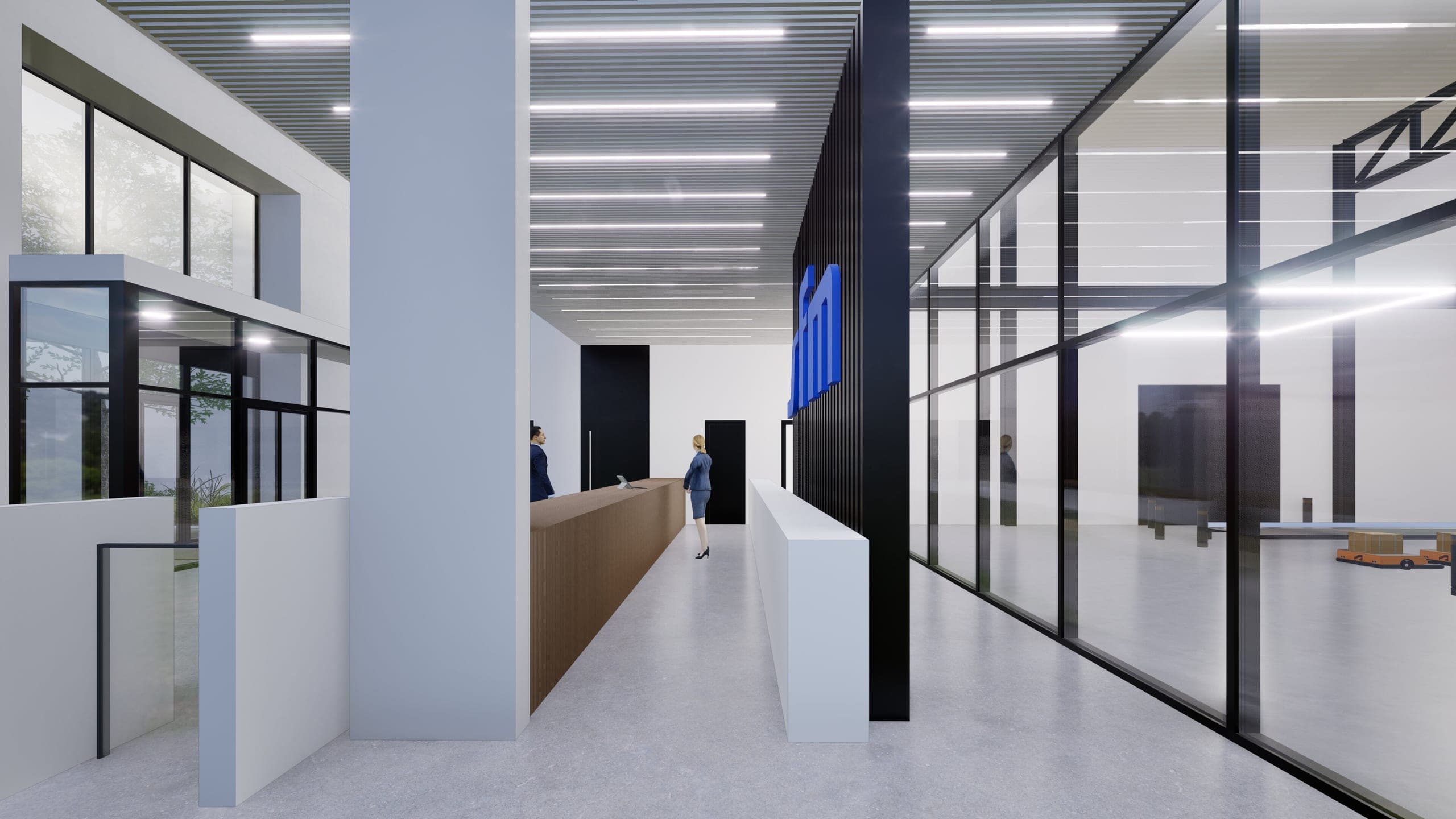 Visualisation of the walkway beside the reception desk along the glass wall looking into the logistics area