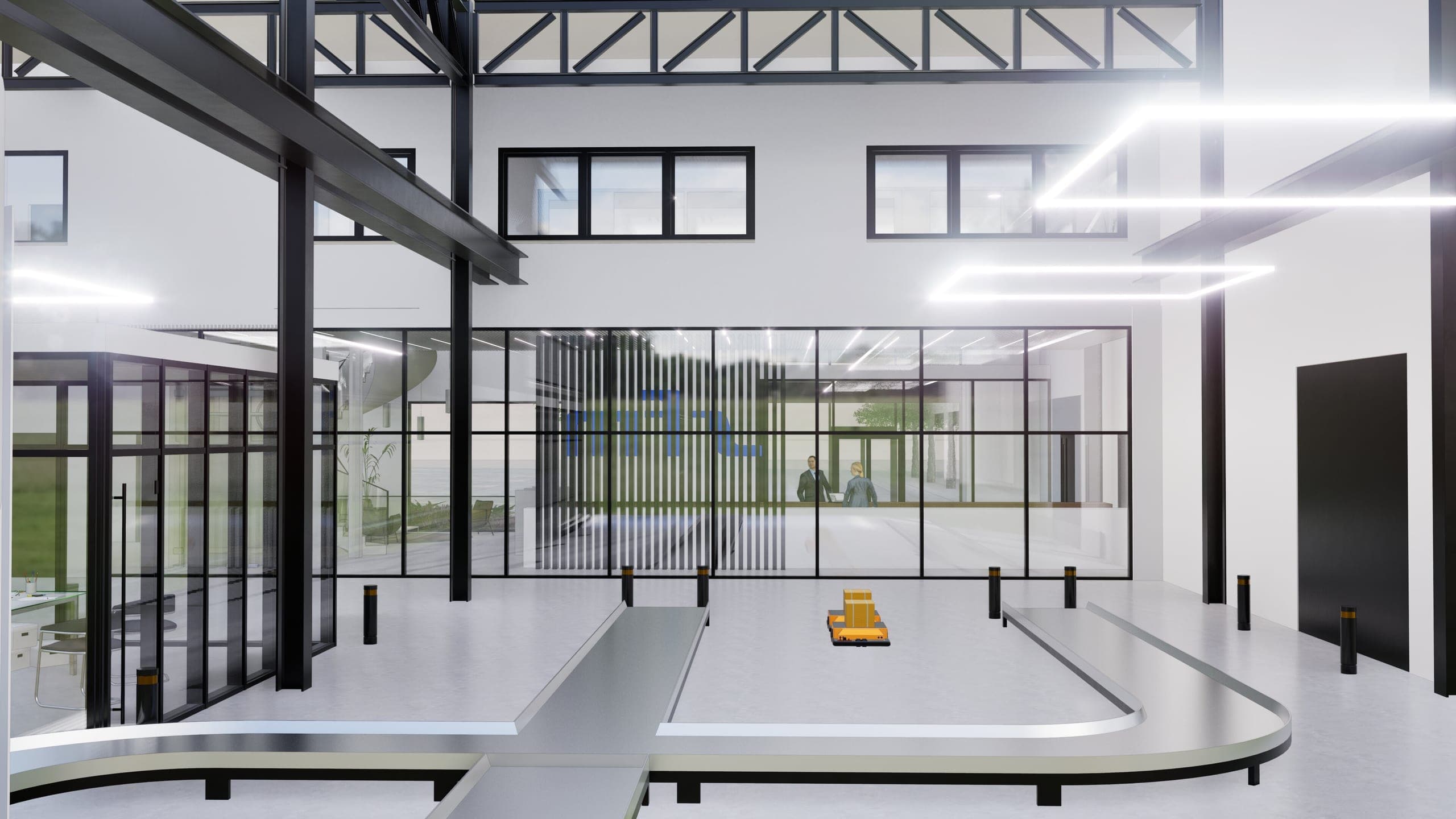 Visualisation of the hall with steel trusses, conveyor track and the glazed lobby façade beyond