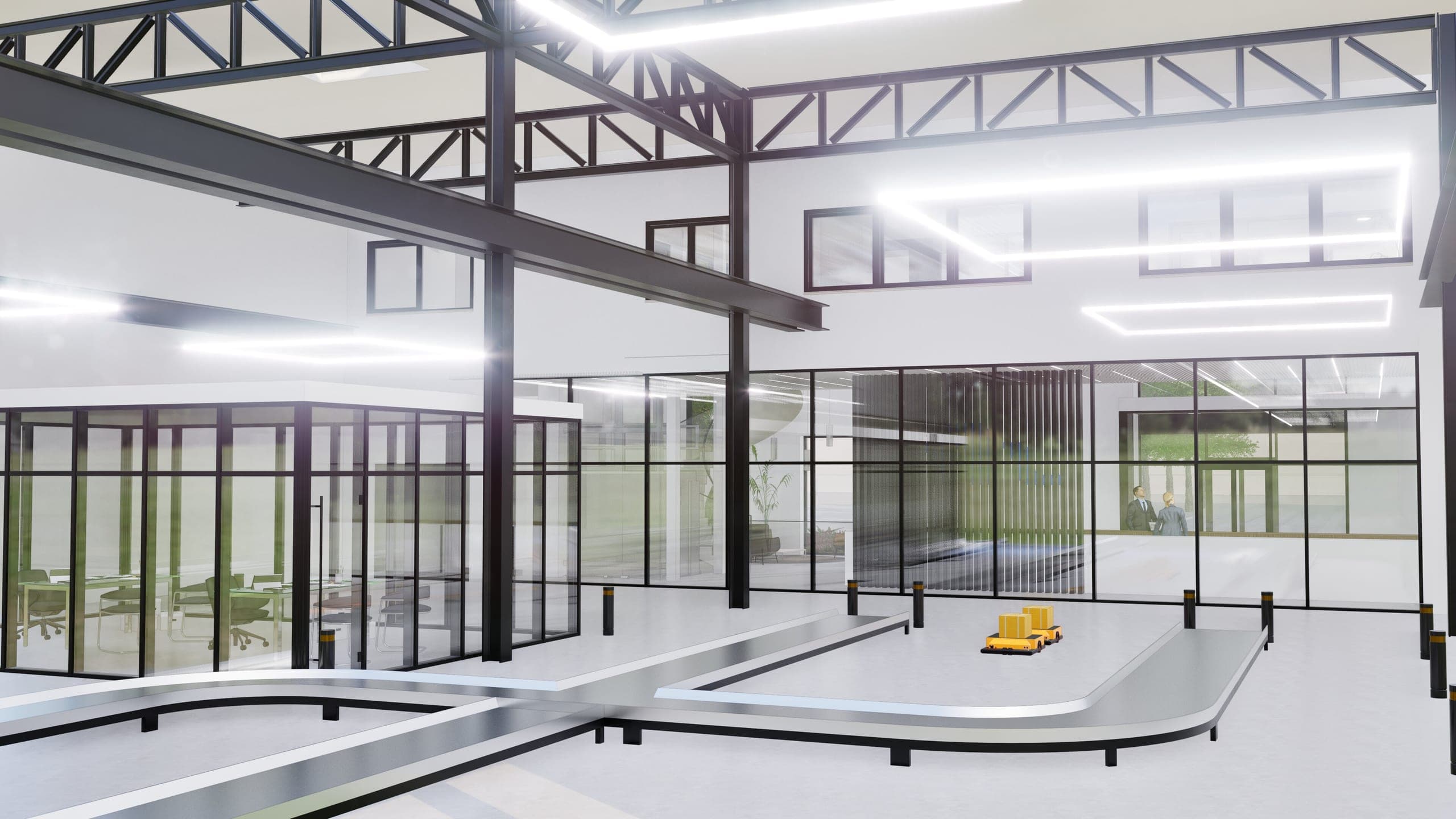 Visualisation of the production hall with steel structure, conveyor system and glazed meeting room