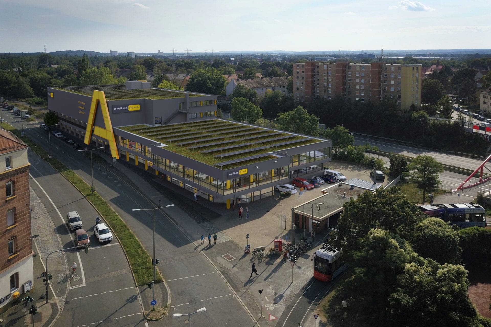 Elevated visualisation with the yellow A on the façade, green roof, a tram and pedestrians
