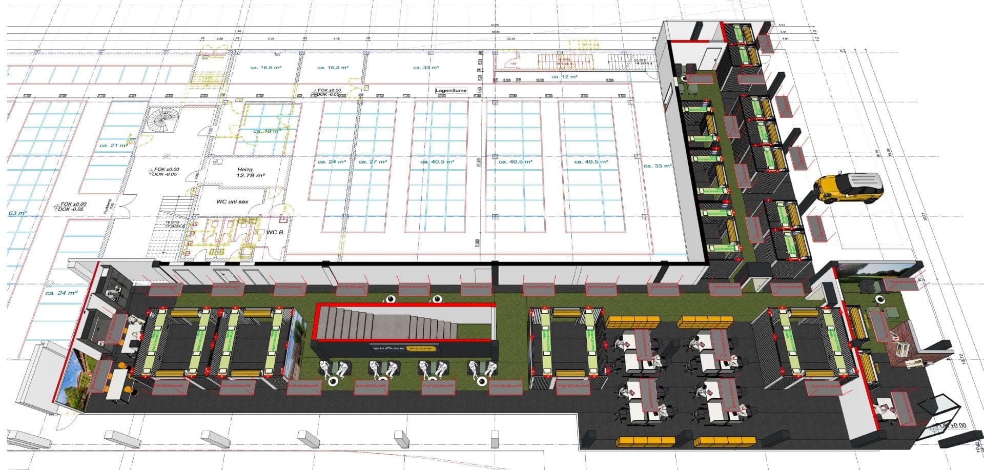 Axonometric visualisation of one floor with storage units shown in plan and furnished co-working areas
