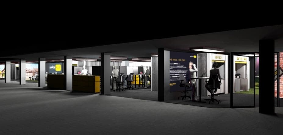 Visualisation of the co-working area at night with workstations, columns and a coffee bar