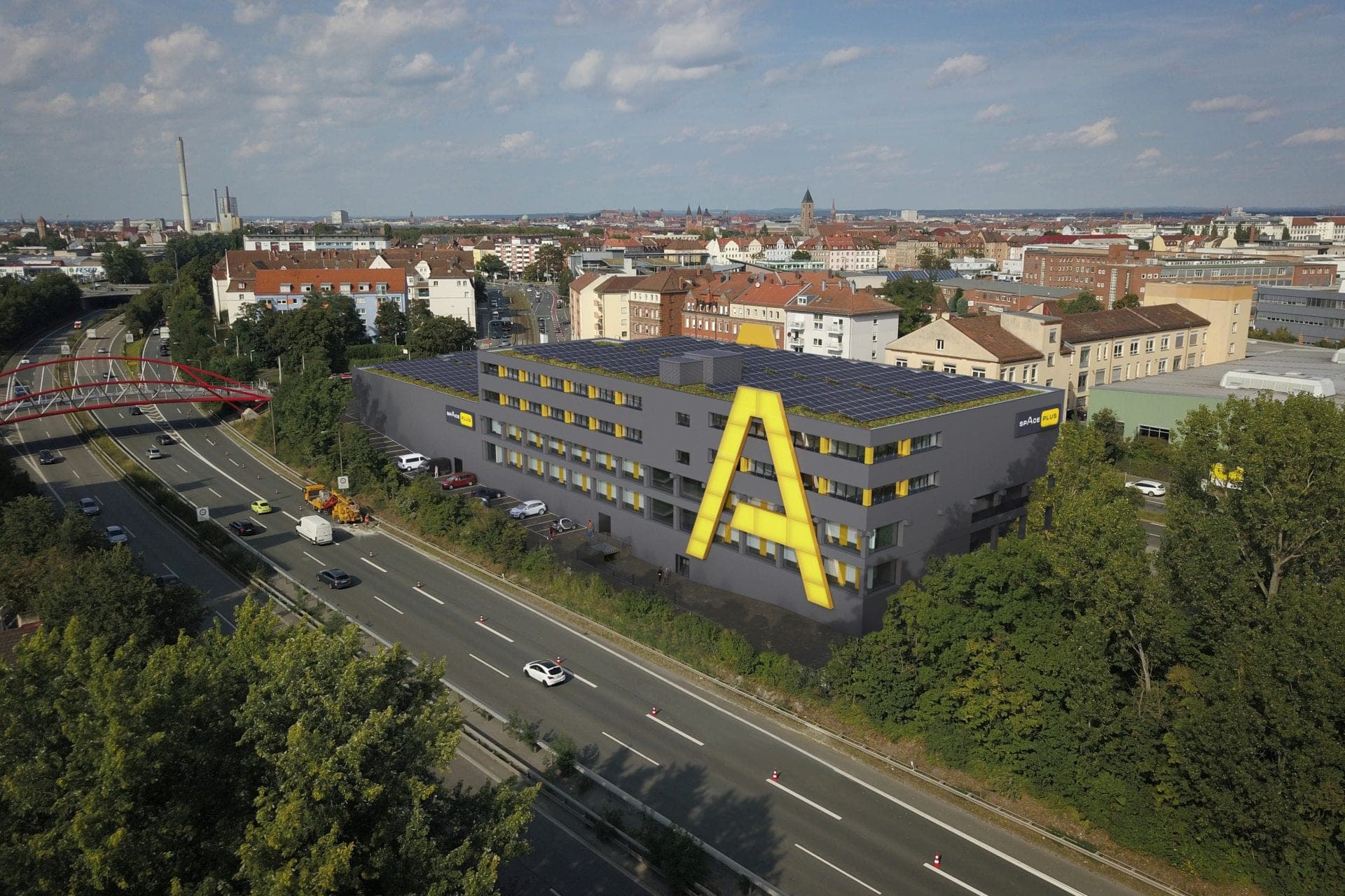 Self storage and co-working for Space Plus in Nuremberg, aerial visualisation of the converted furniture store