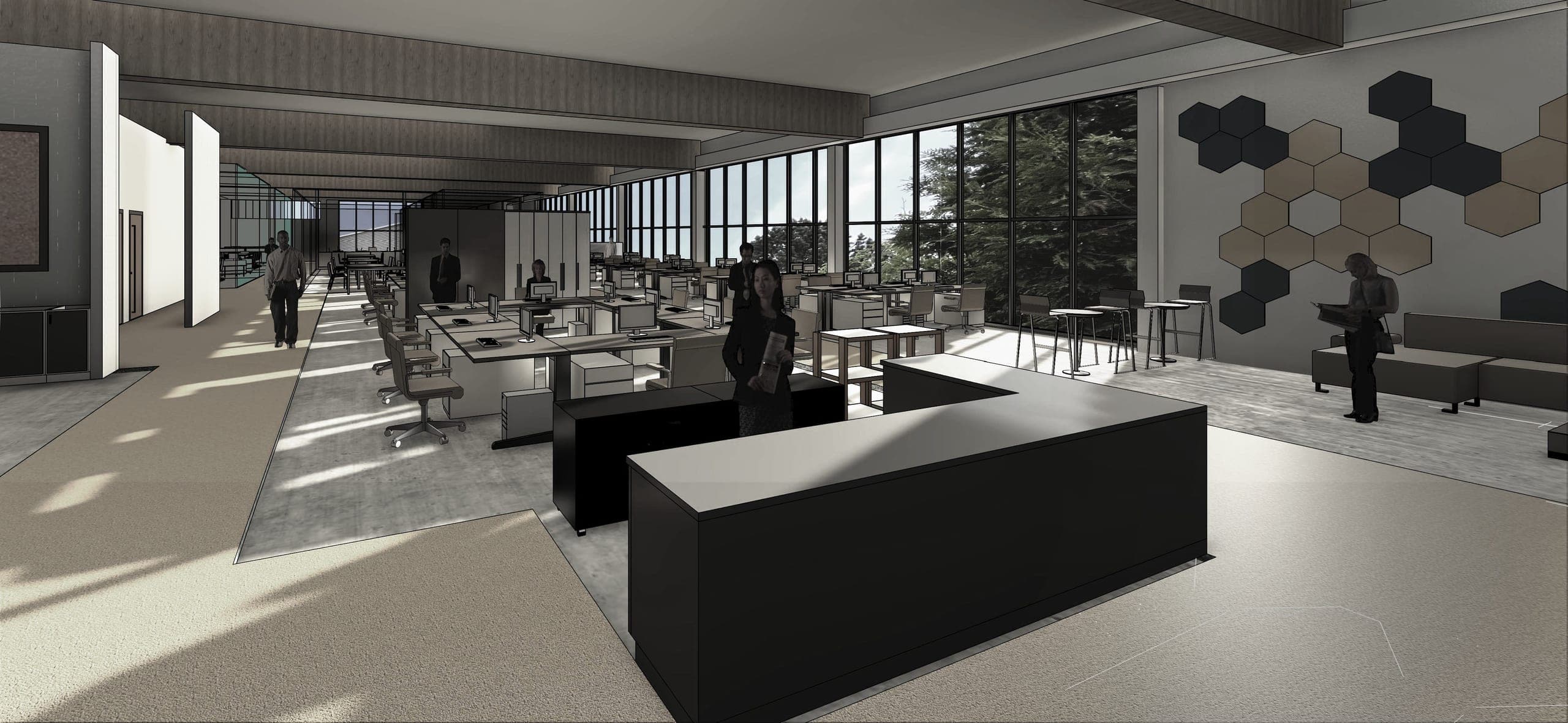 Visualisation of the co-working area with open workstations, a reception desk and floor-to-ceiling glazing