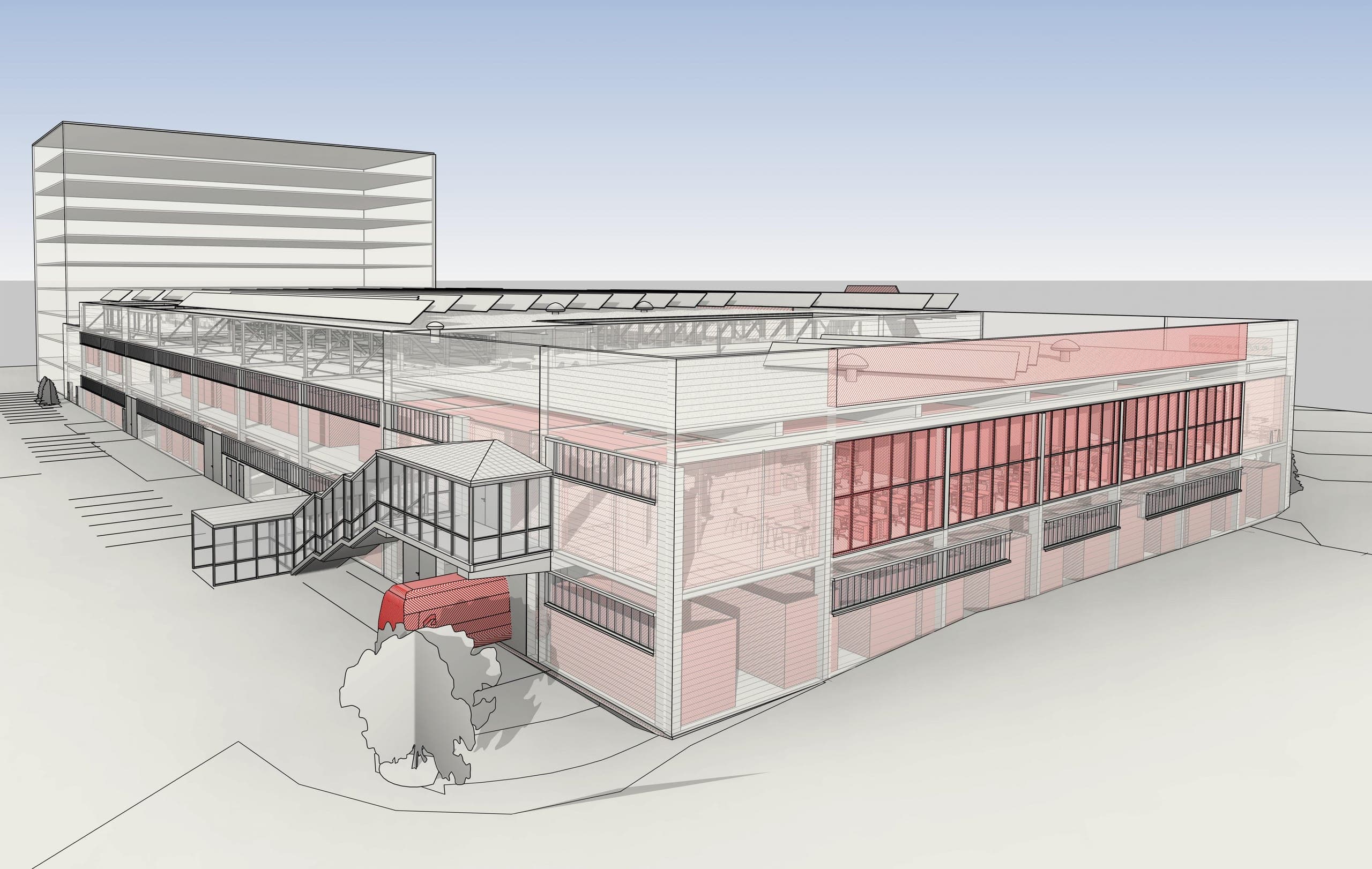Transparent 3D model of the hall with internal additions marked in red and an attached glazed stair tower