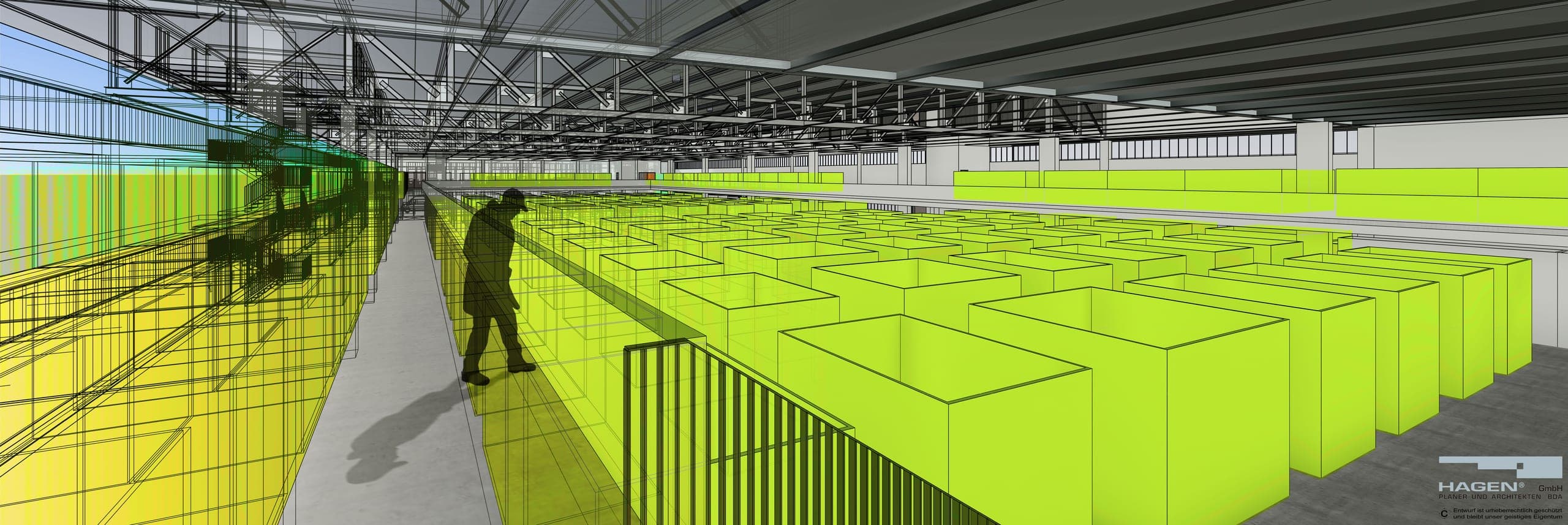 Visualisation of the storage hall with modular storage units, a gallery walkway and exposed steel trusses