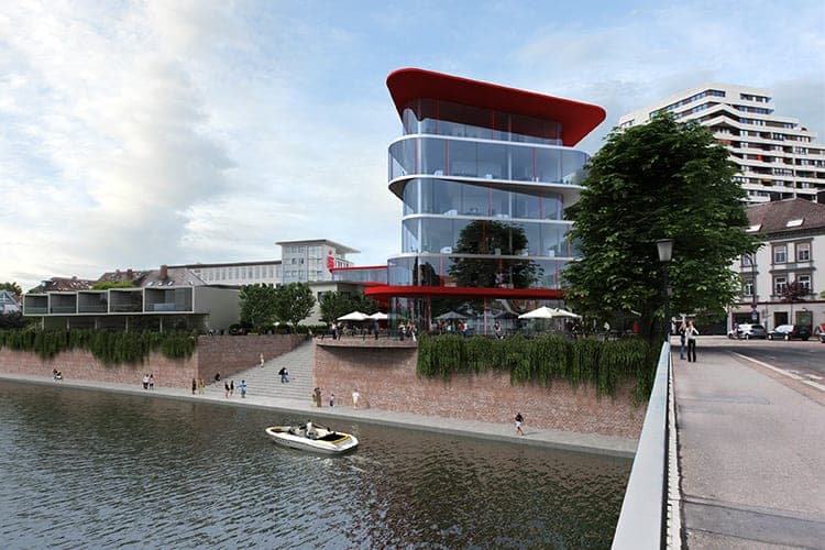 Visualisation of the building above the riverbank with an outdoor staircase, waterside terrace and view from the bridge