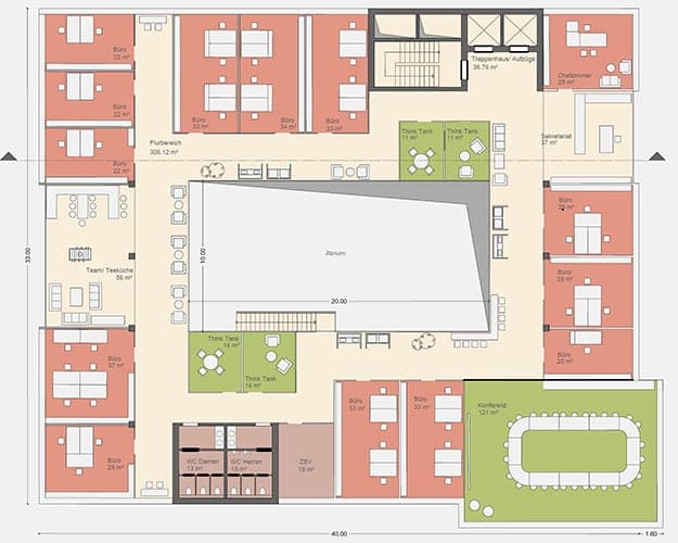 Grundriss eines Bürogeschosses mit Einzelbüros, Think Tanks und Konferenzraum rund um das zentrale Atrium