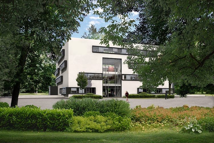 Bürogebäude Westpark in Nürnberg, Visualisierung des weißen Kubus mit verglaster Eingangshalle zwischen Bäumen
