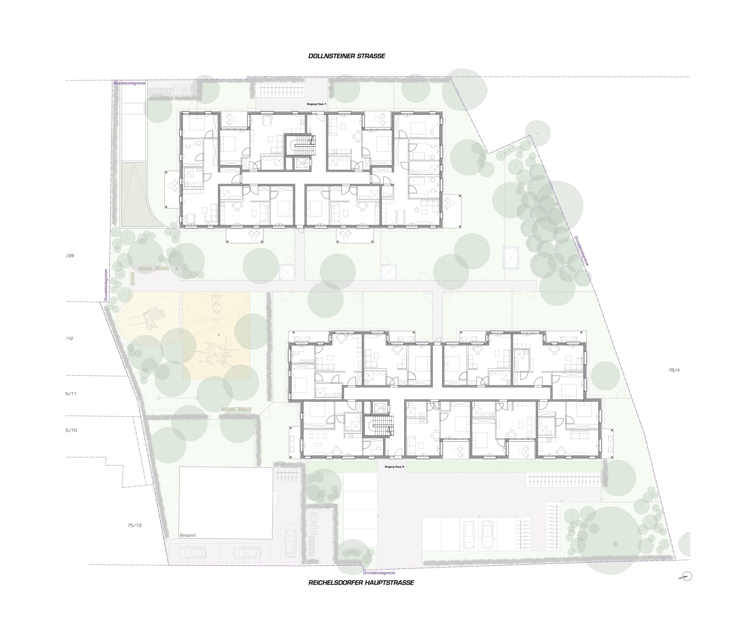 Grundriss Erdgeschoss beider Häuser mit Wohnungen, Gartenanteilen und Spielplatz zwischen den Baukörpern