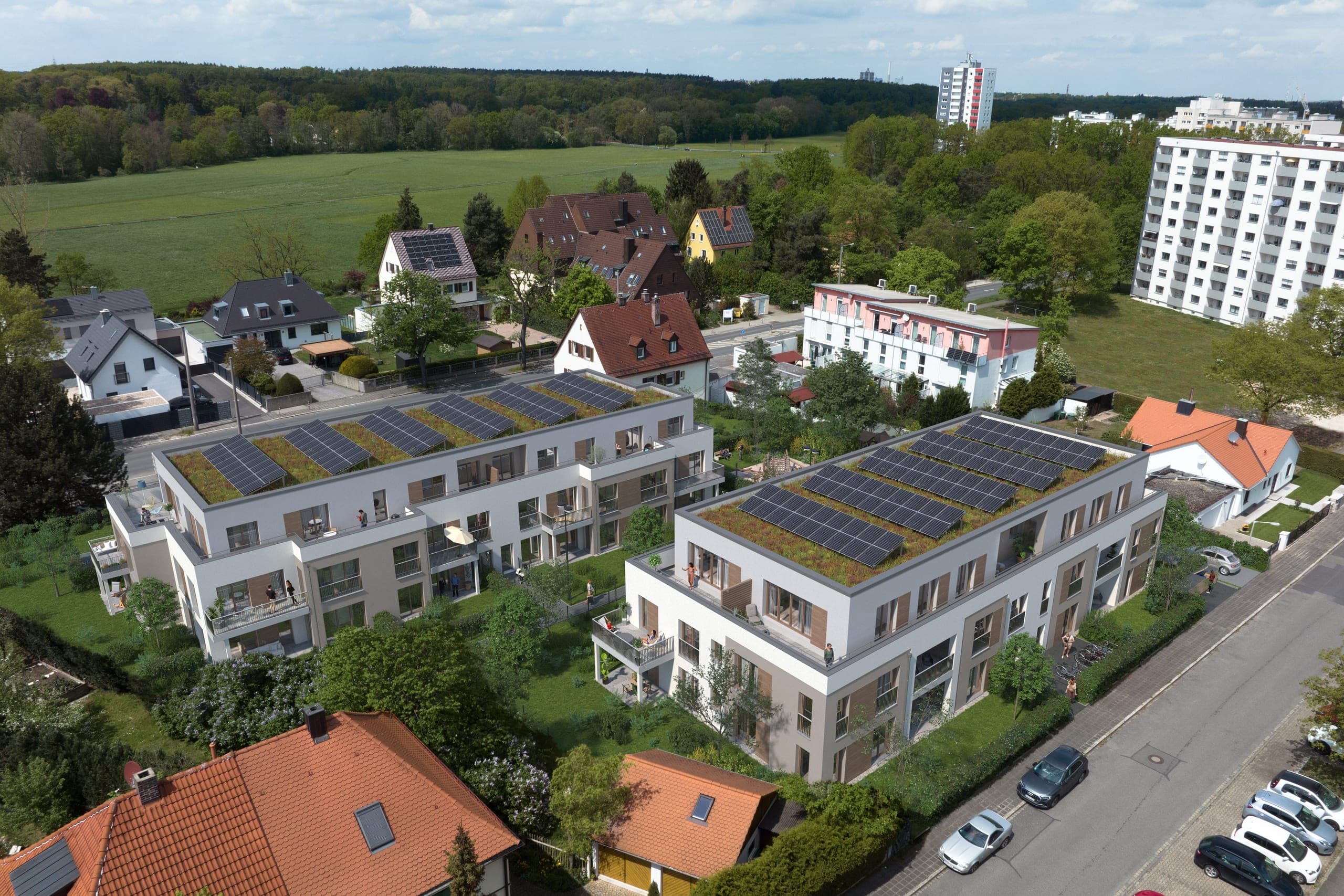 Reichelsdorf residential complex in Nuremberg, aerial visualisation of the two buildings with green roofs and photovoltaics