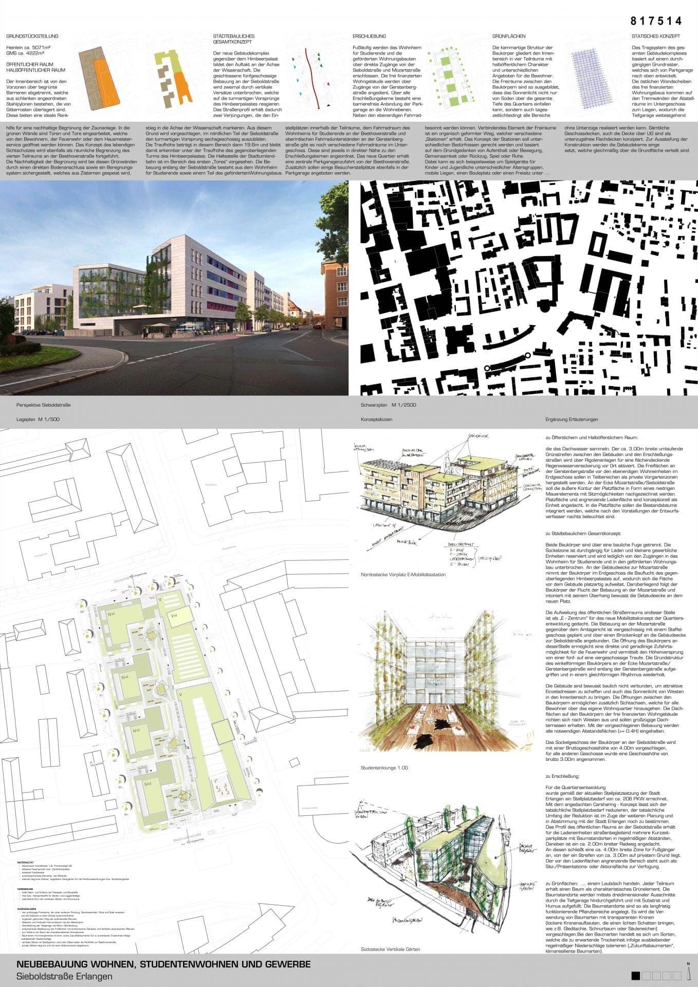 Competition panel with street perspective, figure-ground plan, site plan, concept diagrams and sketches of the open spaces