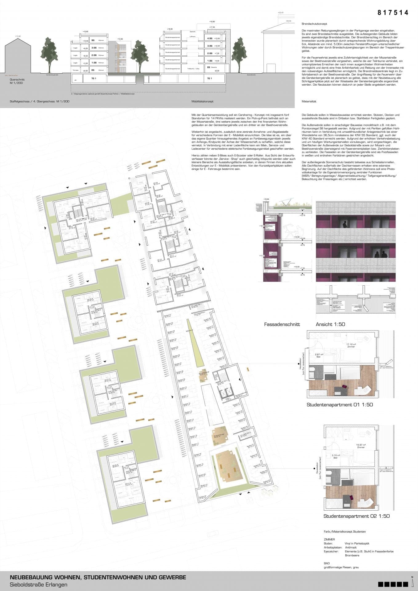 Competition panel with cross-section, plan of the top storey, façade section and furnished student apartments