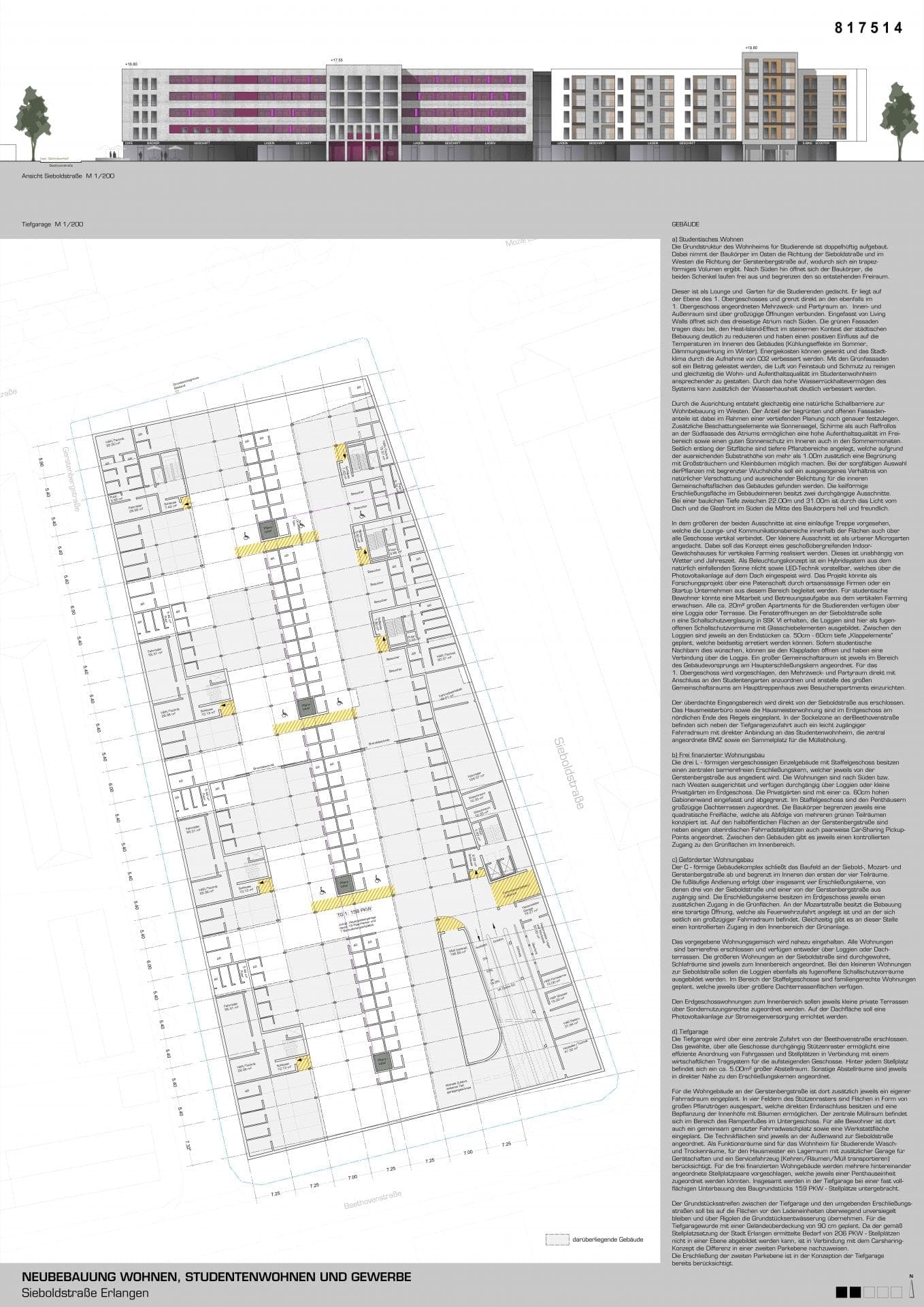 Competition panel with the Sieboldstraße elevation and the underground car park plan for the Erlangen complex