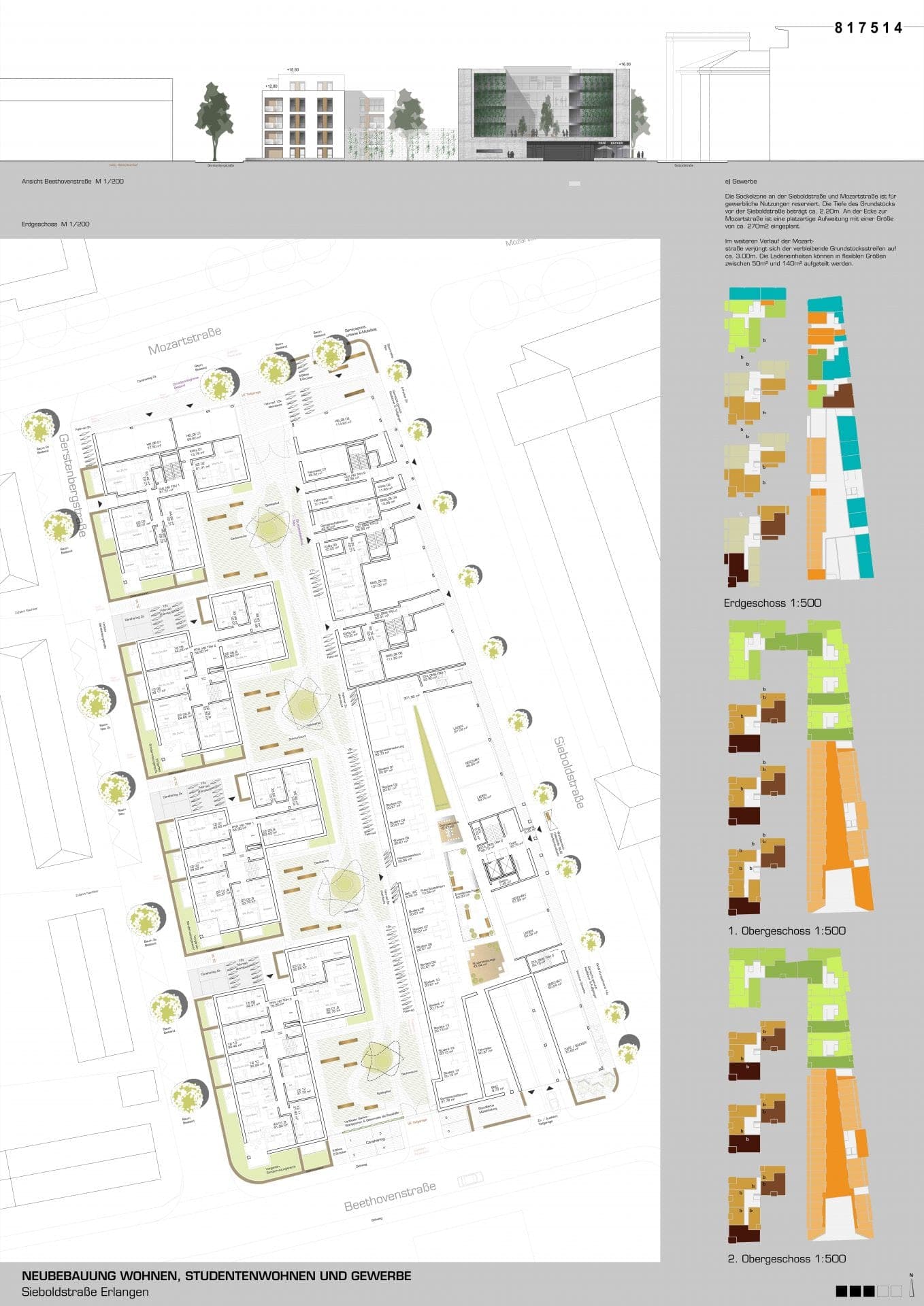 Competition panel with the Beethovenstraße elevation, ground floor plan with open spaces and coloured use diagrams